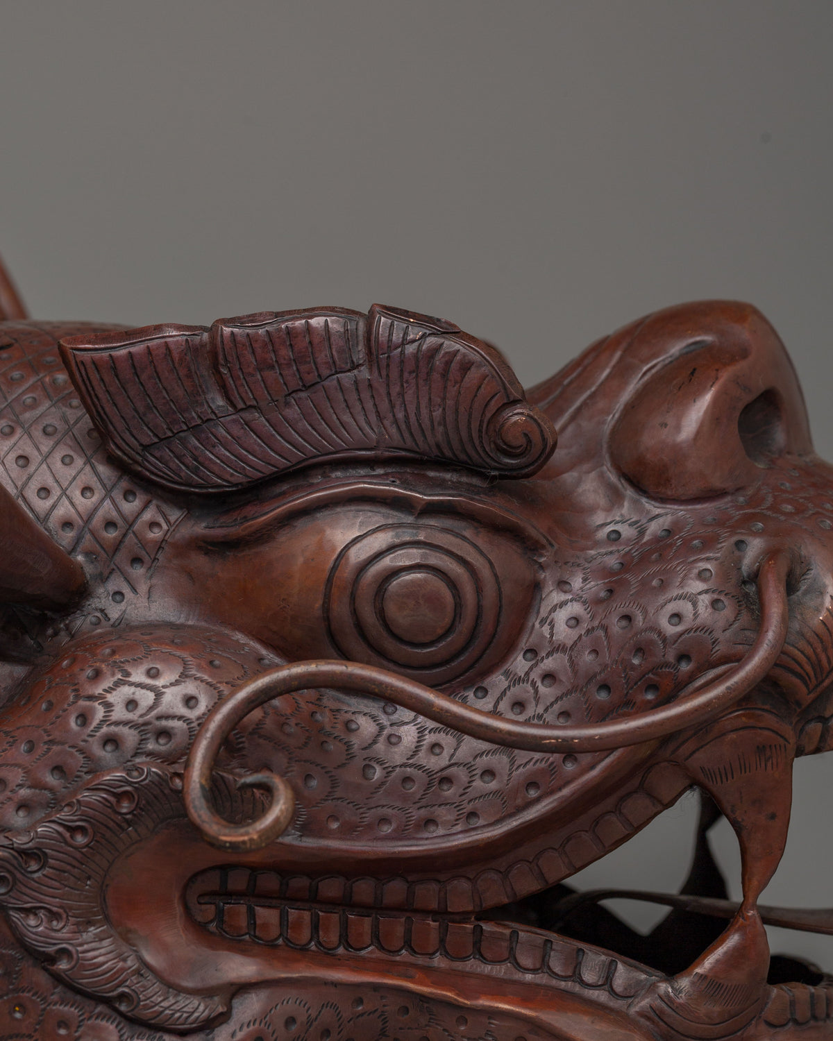 Carved Dragon Head Sculpture | Traditional Oxidized Copper Artwork