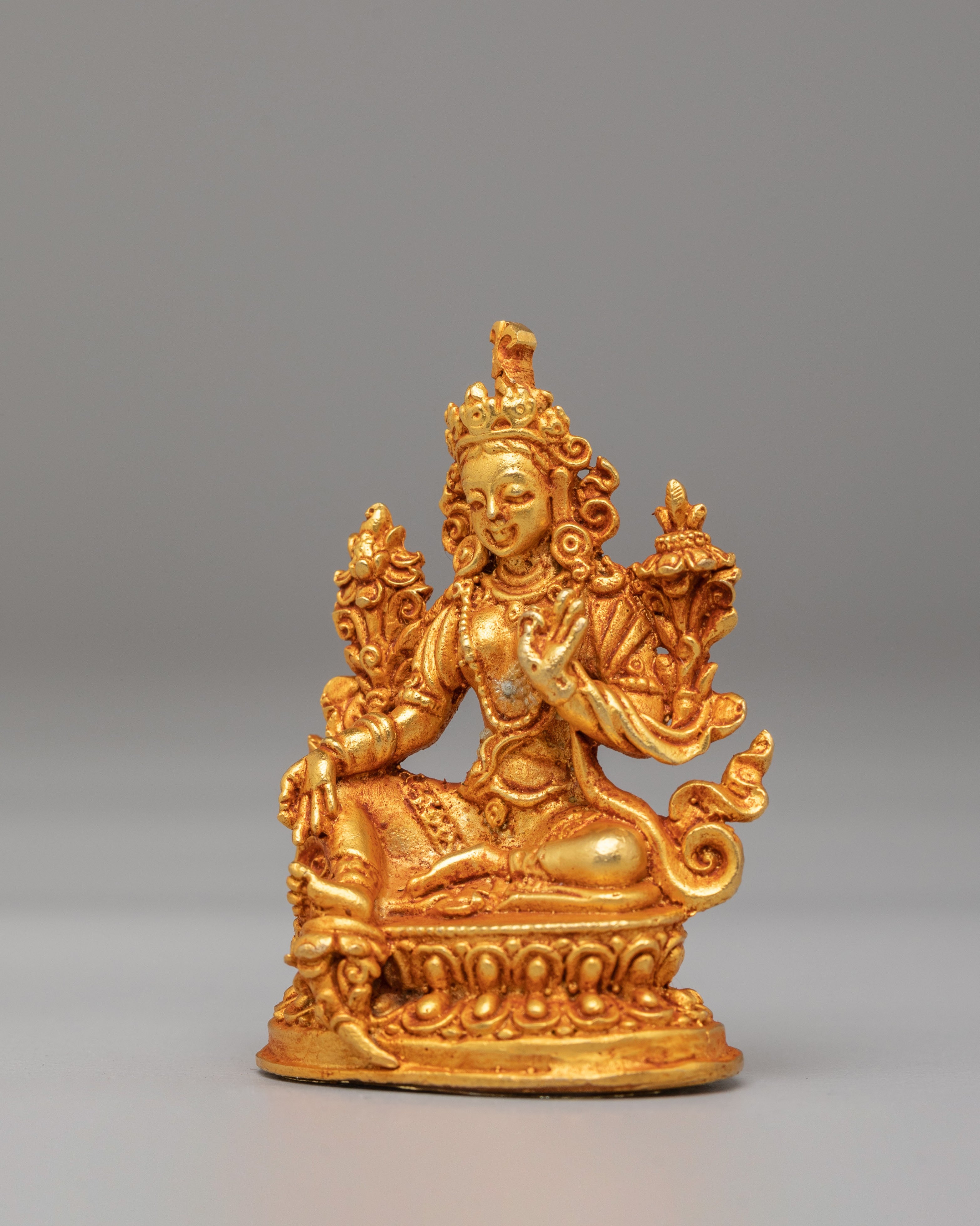 Sacred Green Tara Shrine Statue | Gold Plated Copper Buddhist Goddess