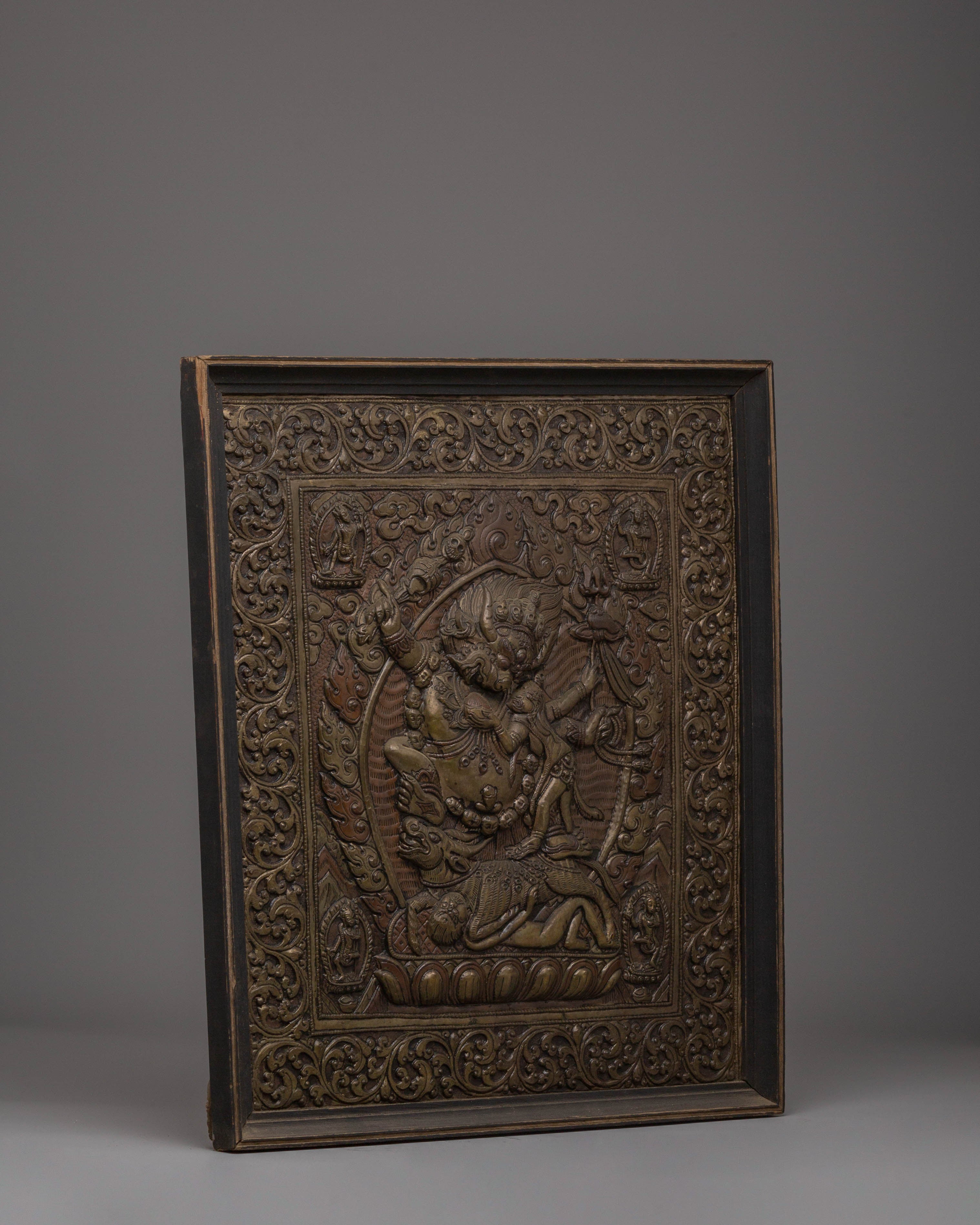 Handcarved Yama Wall Hanging | Tibetan Buddhist Copper and Wood Art