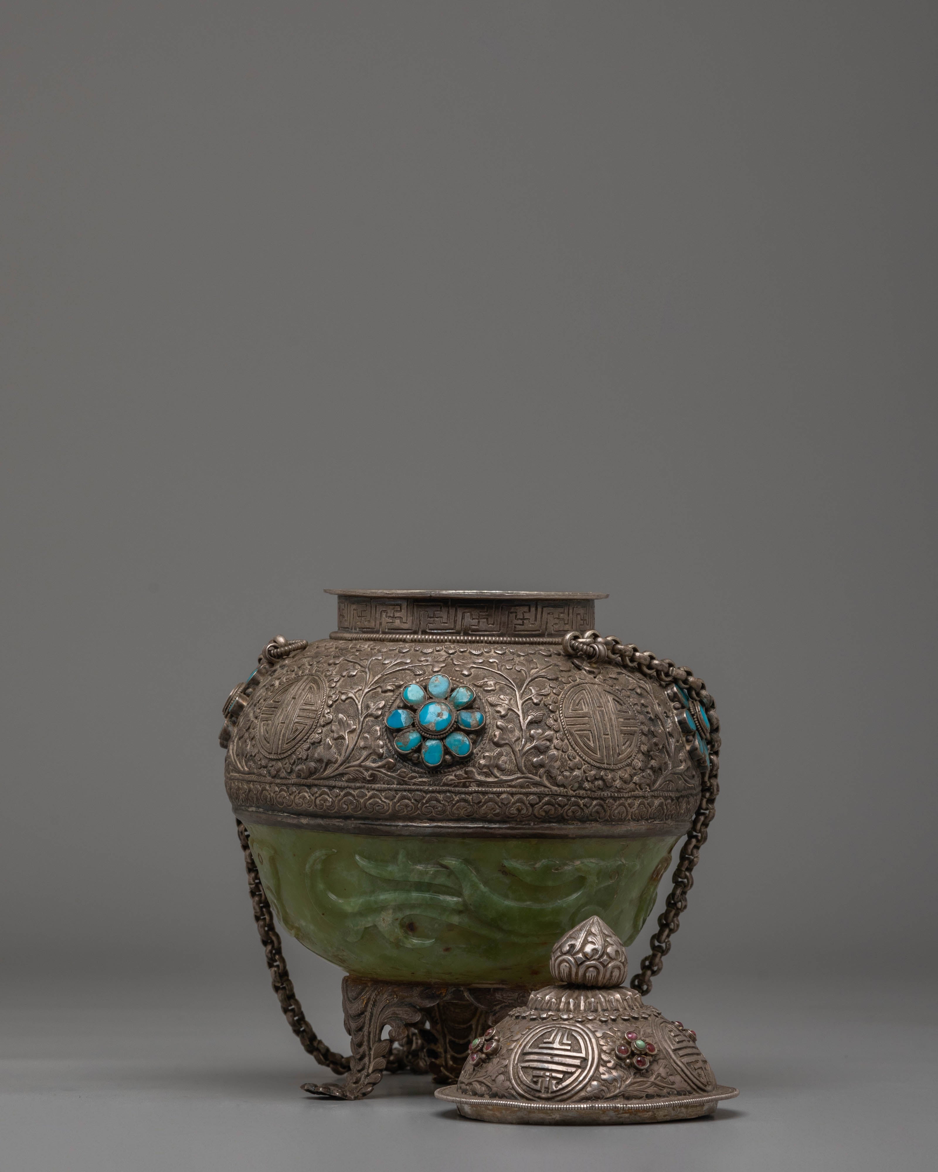 Decorative Tibetan Incense Burner | Silver and Jade Inense Burner