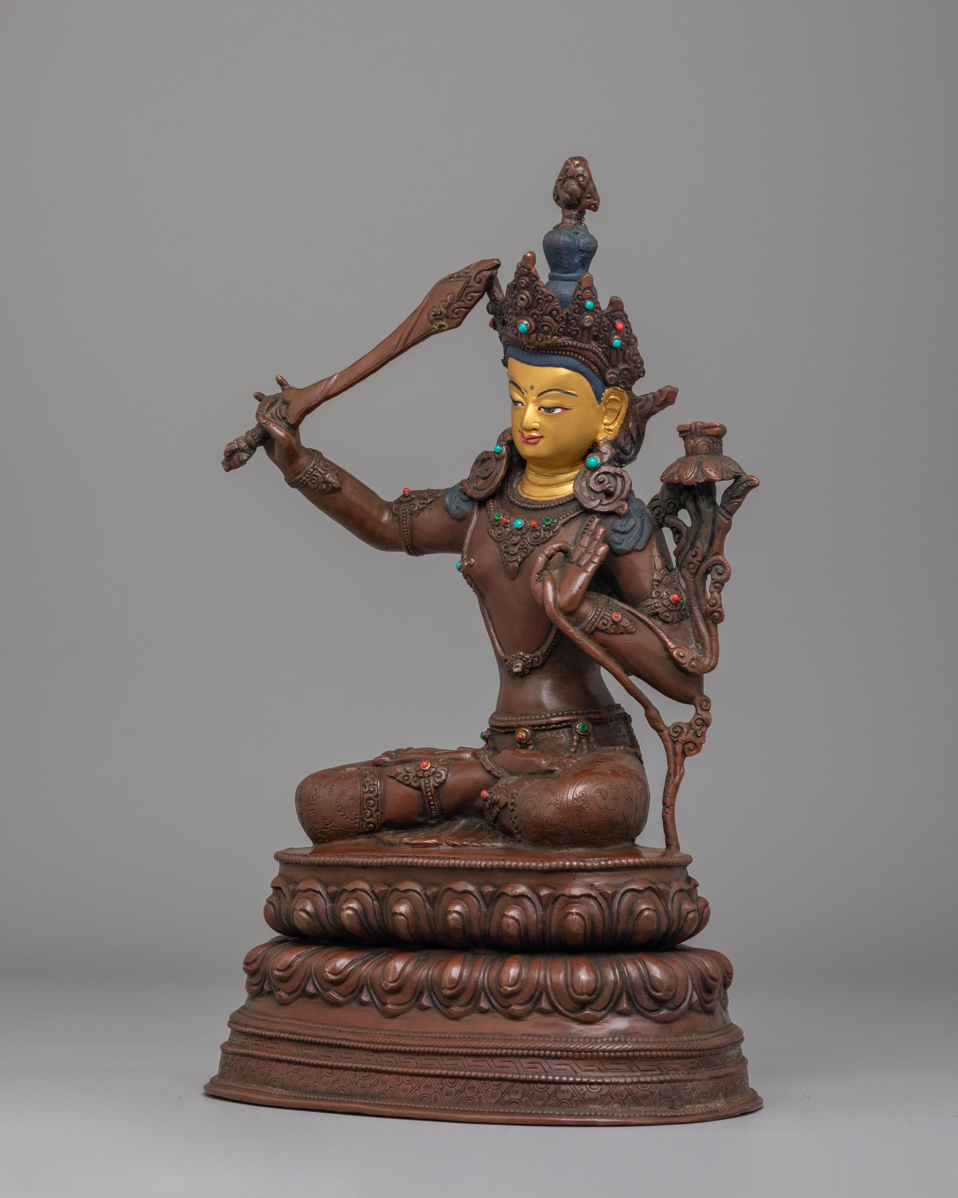Tibetan Altar Manjushri Statue | Copper Body with 24K Gold Plating