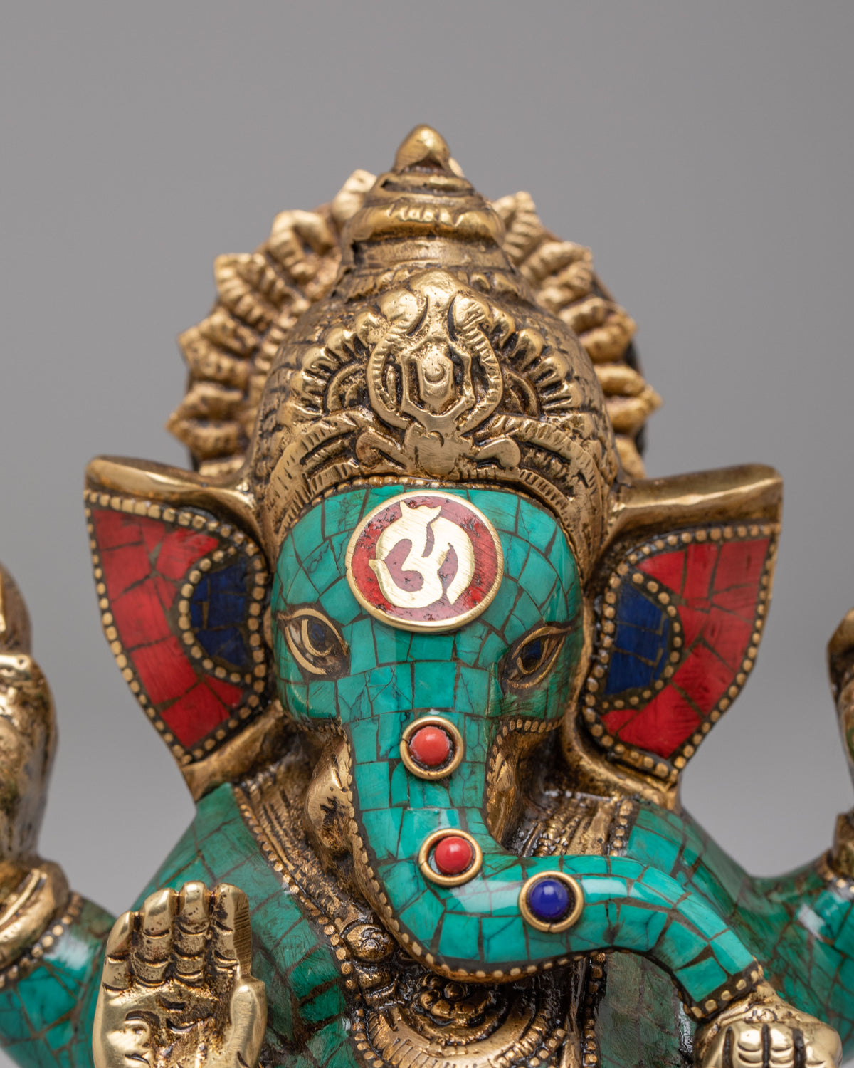 Turquoise Ganesha Statue | Handcrafted Gemstone Brass Hindu Deity Sculpture