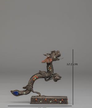 Handmade Dragon Sculpture | Silver Art Piece with Turquoise & Coral Gemstones
