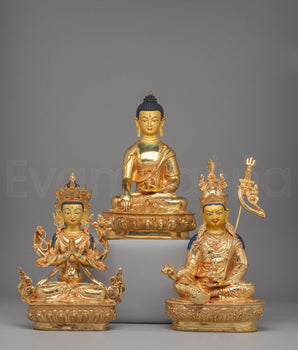 Handcrafted Golden Statue of Buddha Dharma Sangha | Tibetan Buddhism Artwork