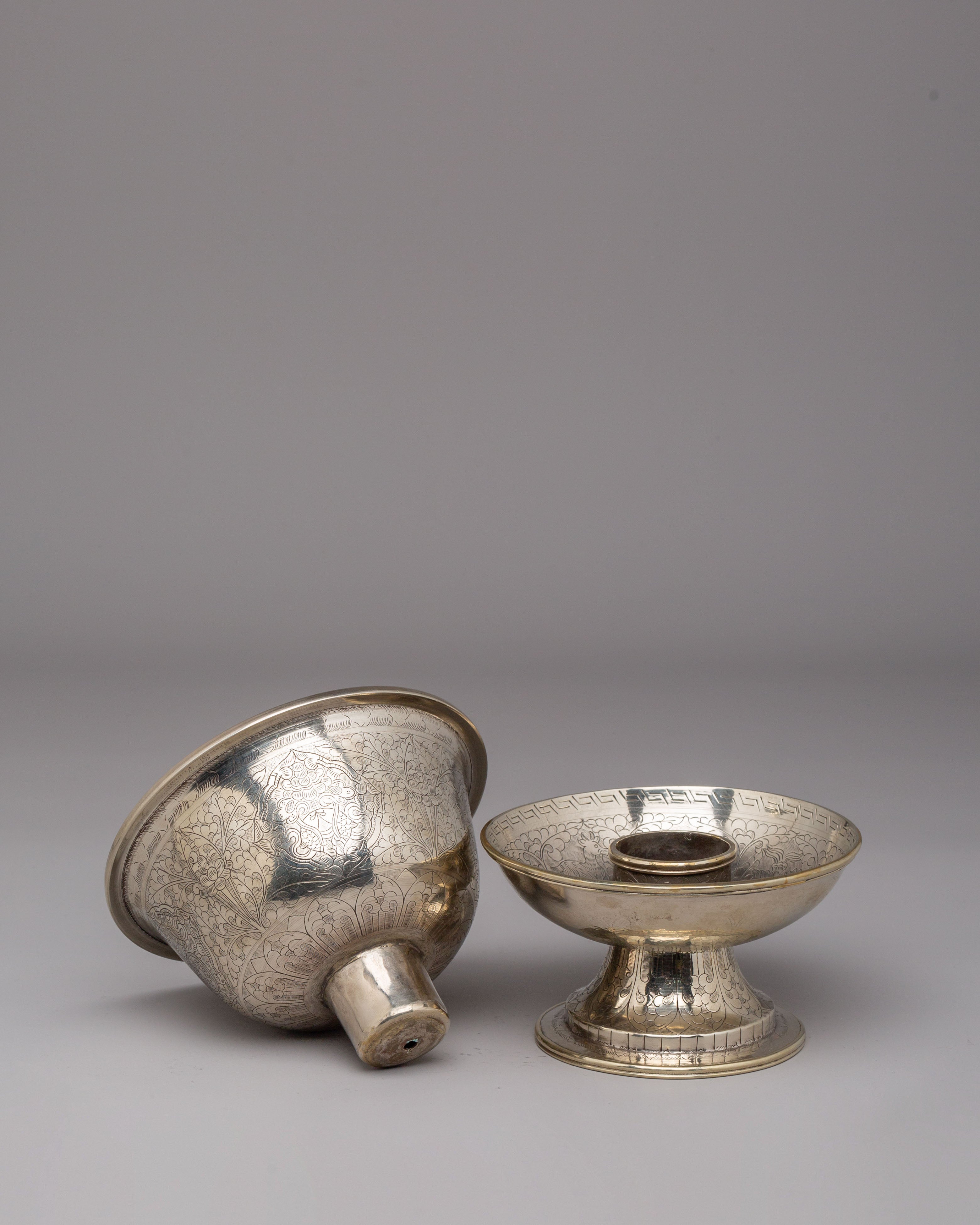 Tibetan Ritual Tea Cup Set | White Metal Ritual Cups for Altar Decor