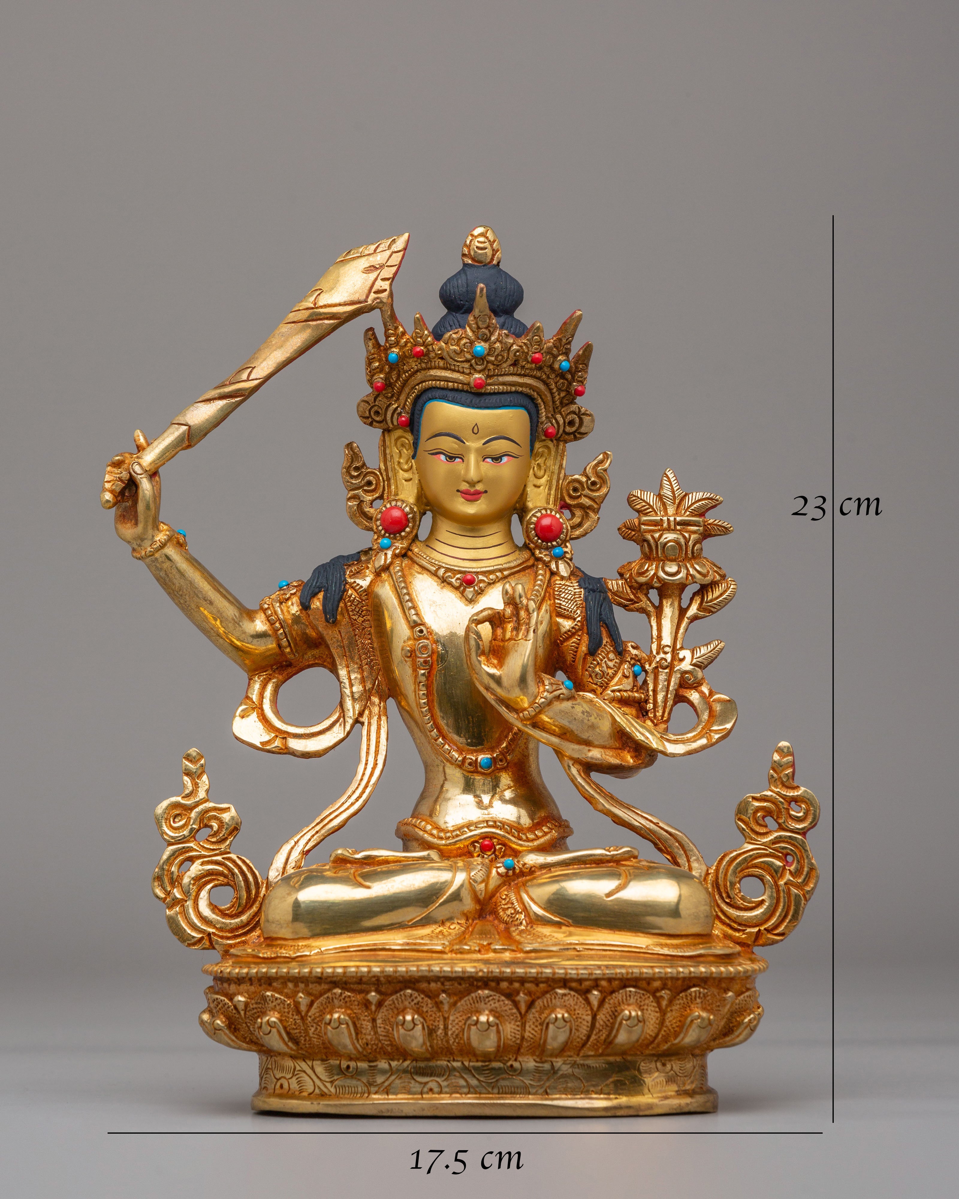 Handmade Wisdom Manjushri Statue | 24K Gold Plated Tibetan Buddhist Sculpture