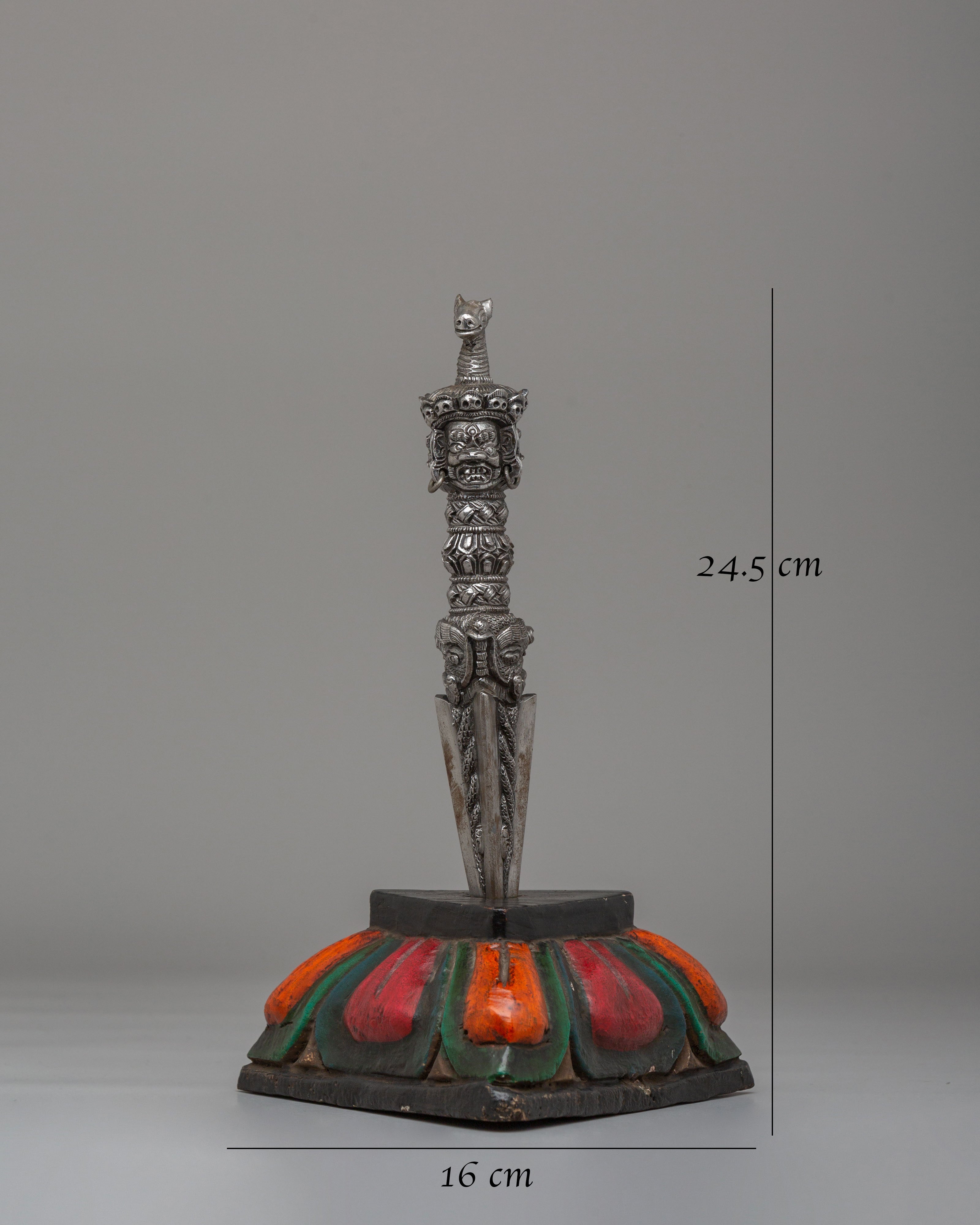 Handmade Tibetan Ritual Dagger | Hayagriva Altar Tool with Wooden Base for Meditation