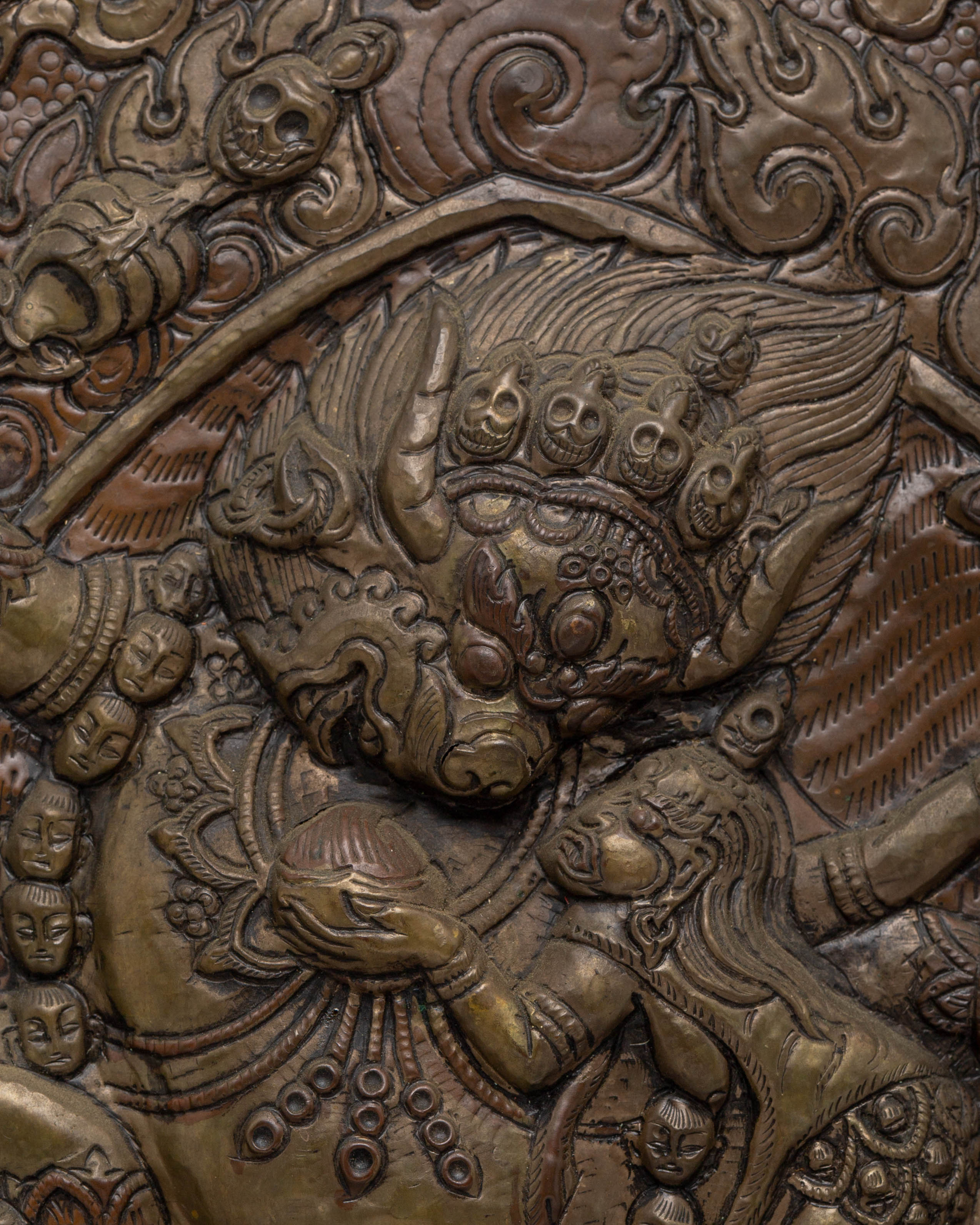 Handcarved Yama Wall Hanging | Tibetan Buddhist Copper and Wood Art