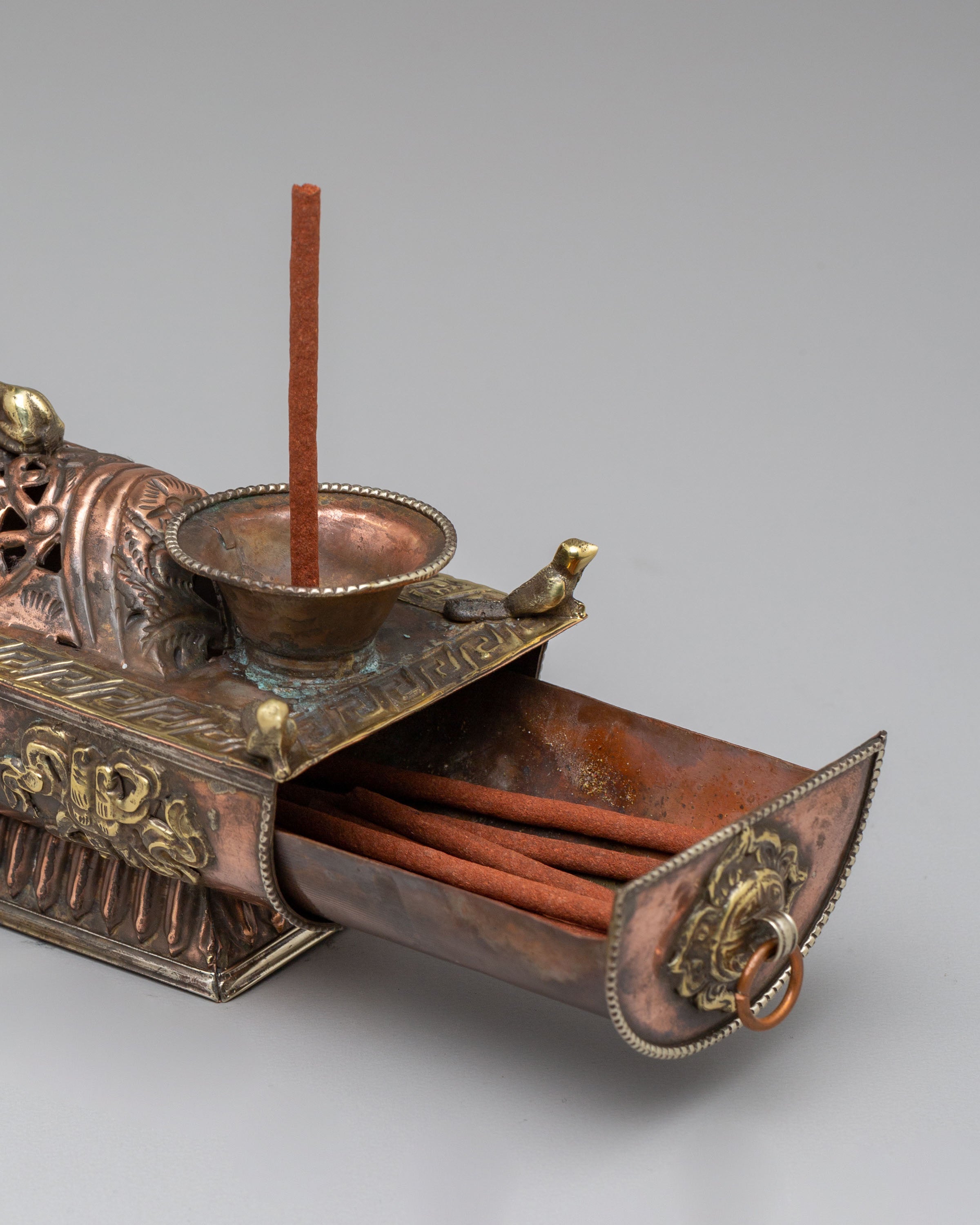 Ritual Incense Burner | Handcrafted Brass Tibetan Incense Box with Dharma Wheel