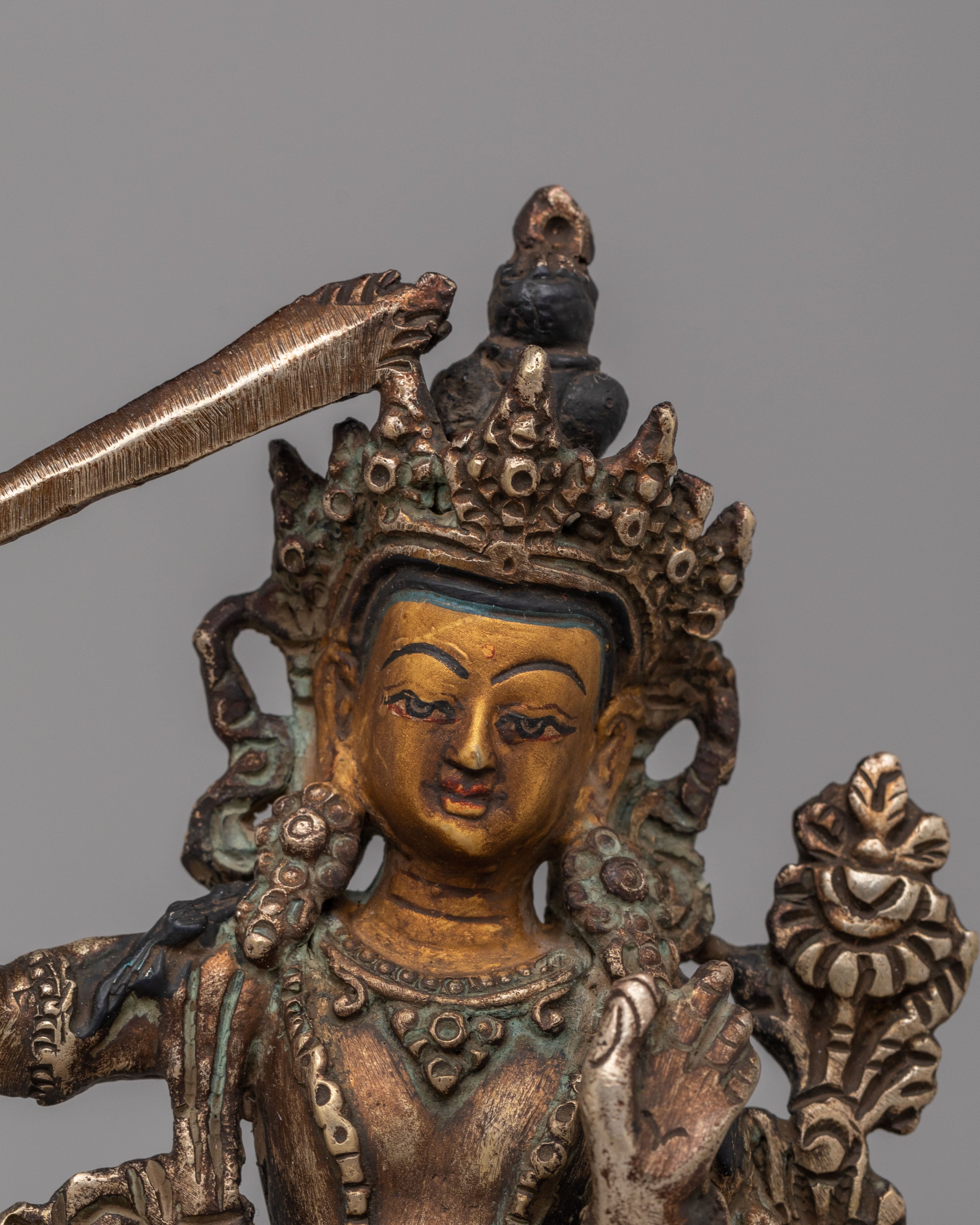 Himalayan Manjushri Statue for Shrine | Oxidized Brass Wisdom Deity