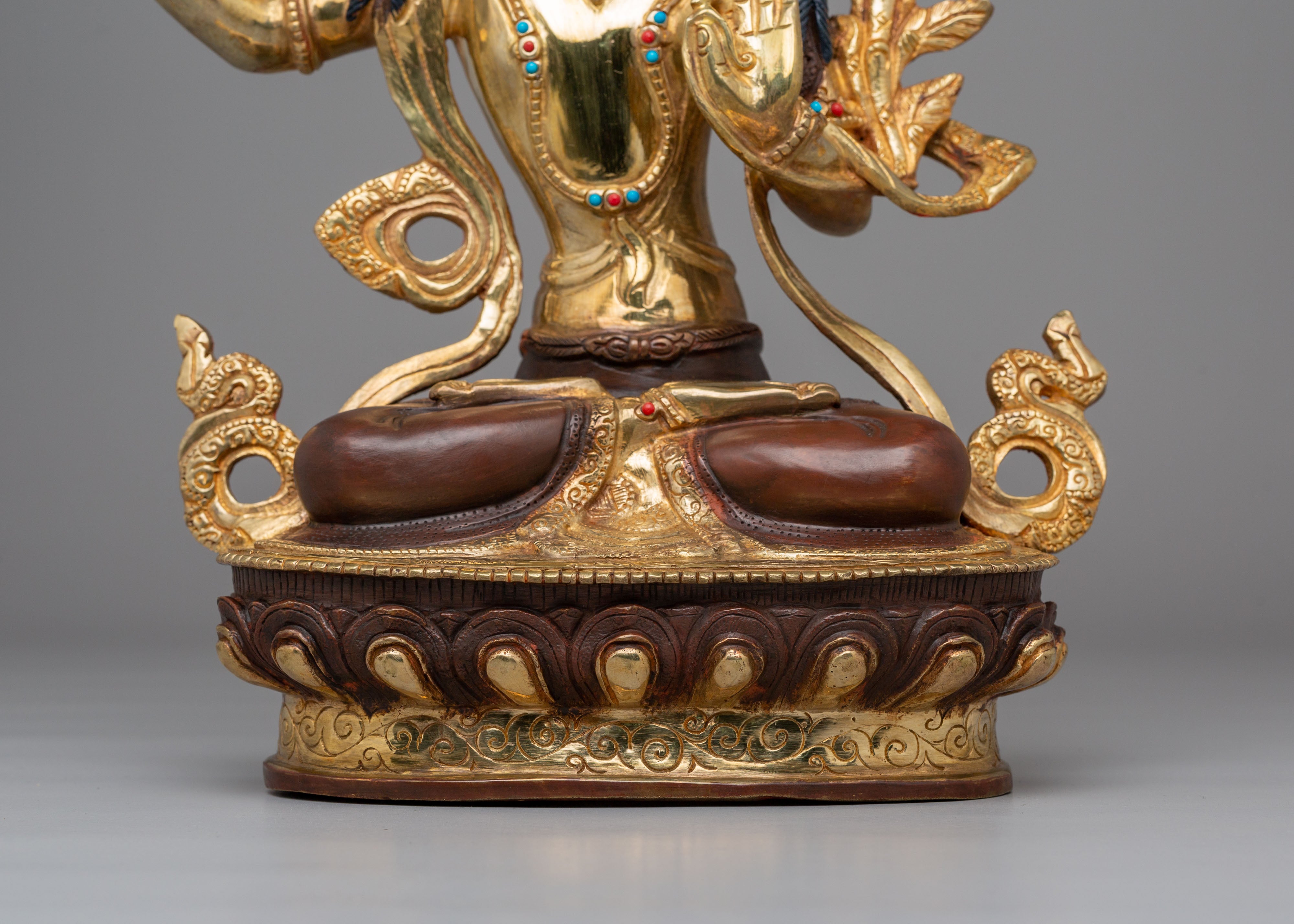Spiritual Manjushri Altar Statue | 24K Gold Plated Tibetan Buddhist Deity