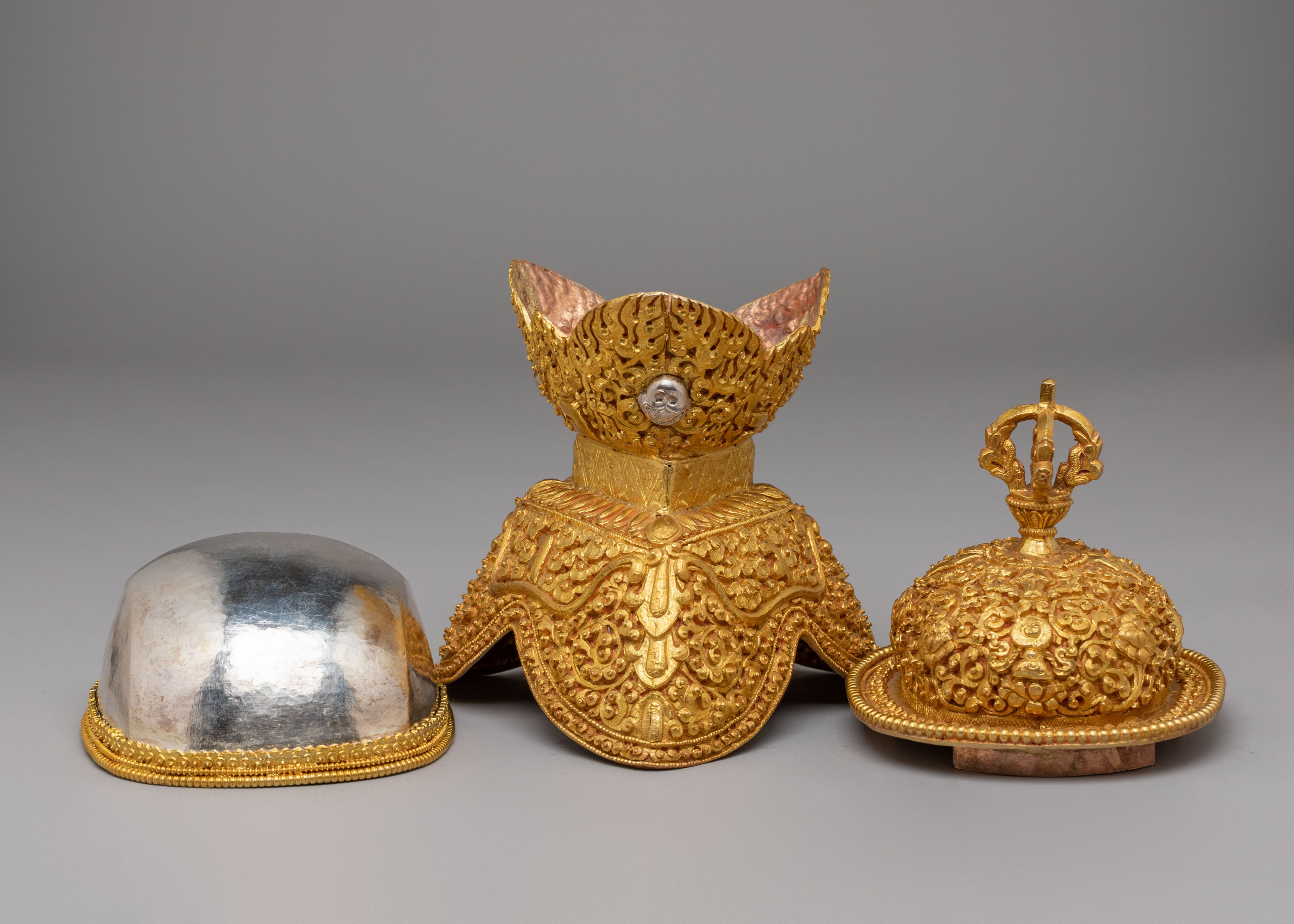 Tibetan Ritual Skull Cups for Altar | Gold and Silver Plated Kapala Set