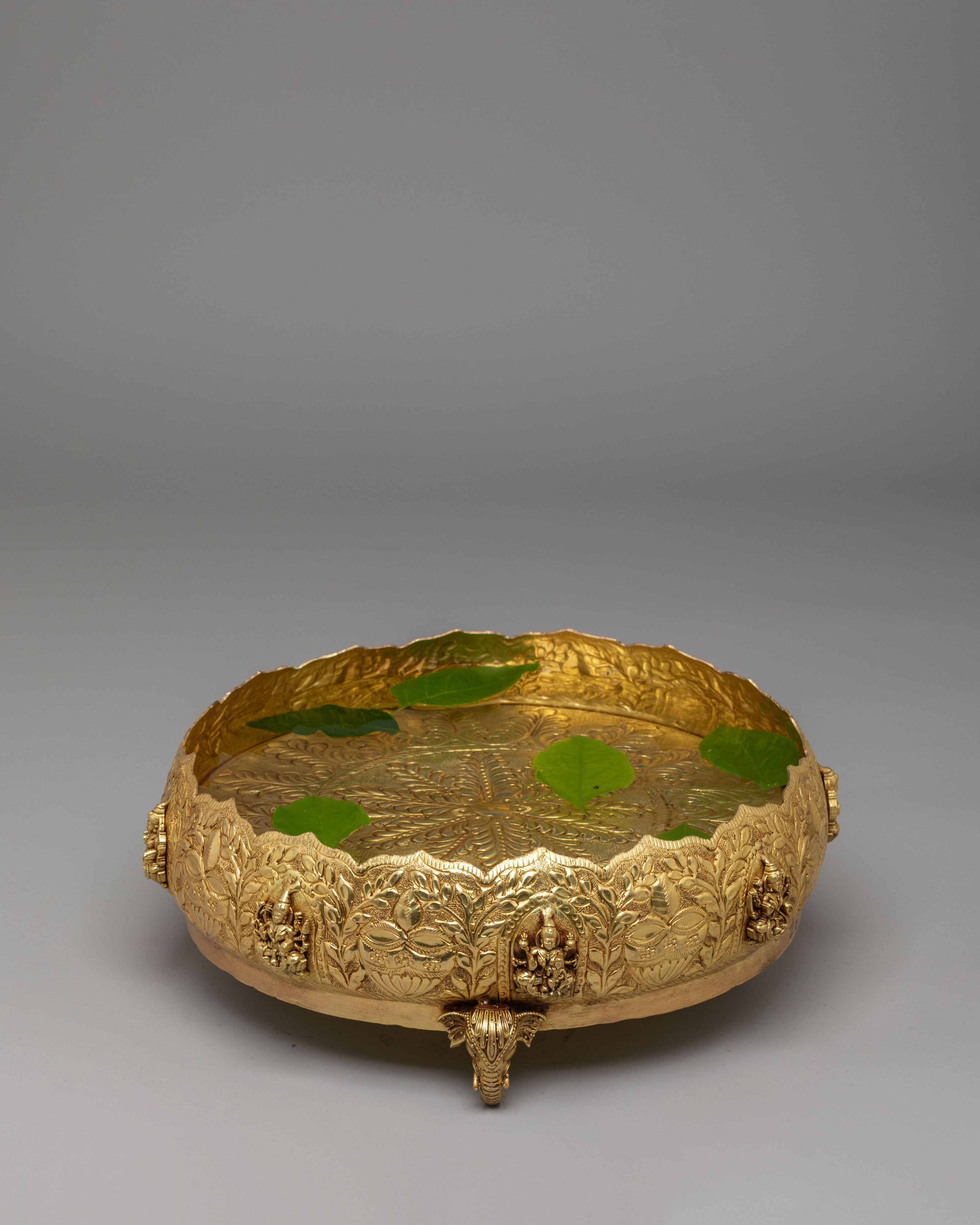 Himalayan Spiritual Urli Bowl | Brass with Elephant Legs & Deity Engravings
