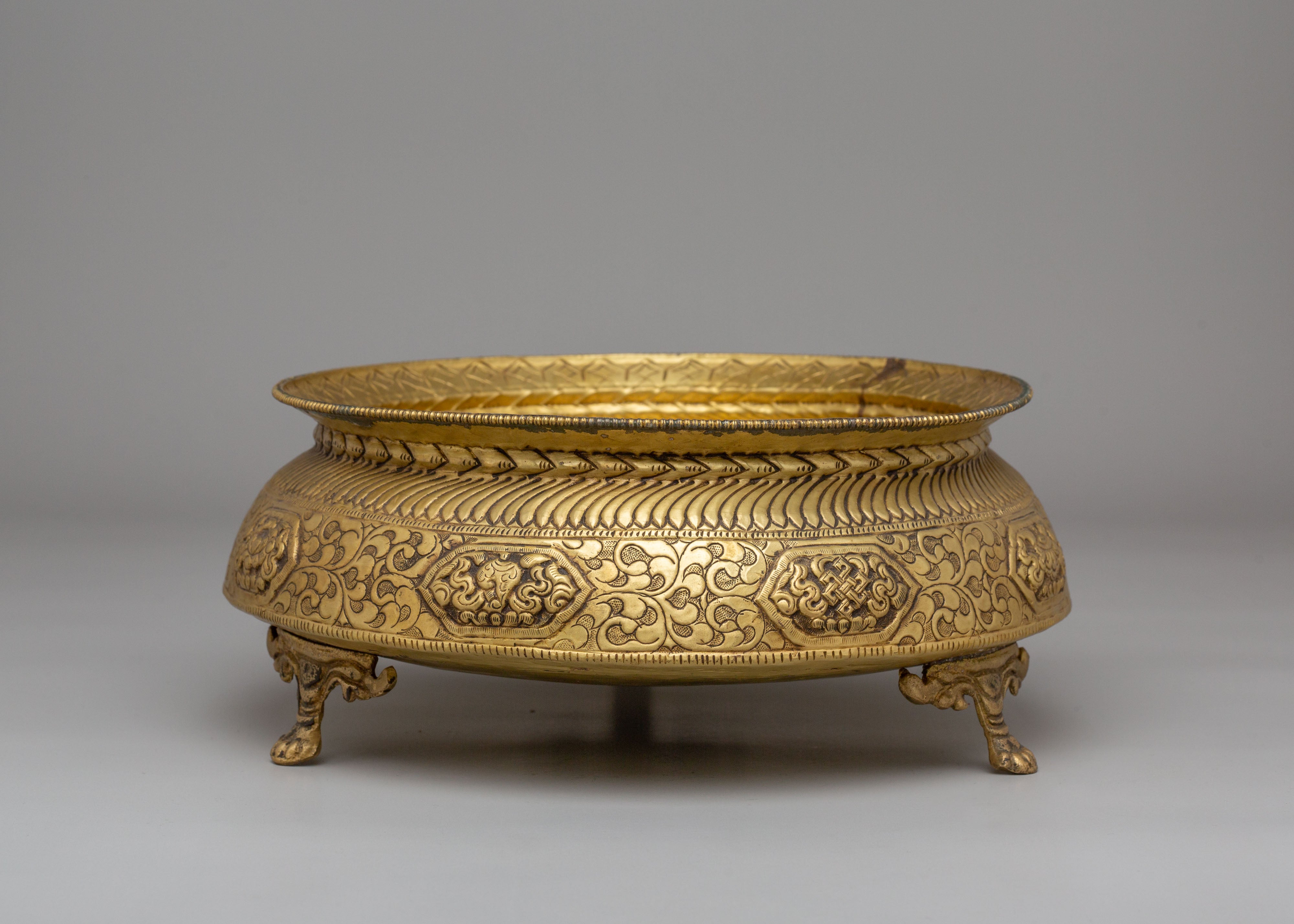 Decorative Urli Bowl | Brass Vessel with Auspicious Symbol Carving