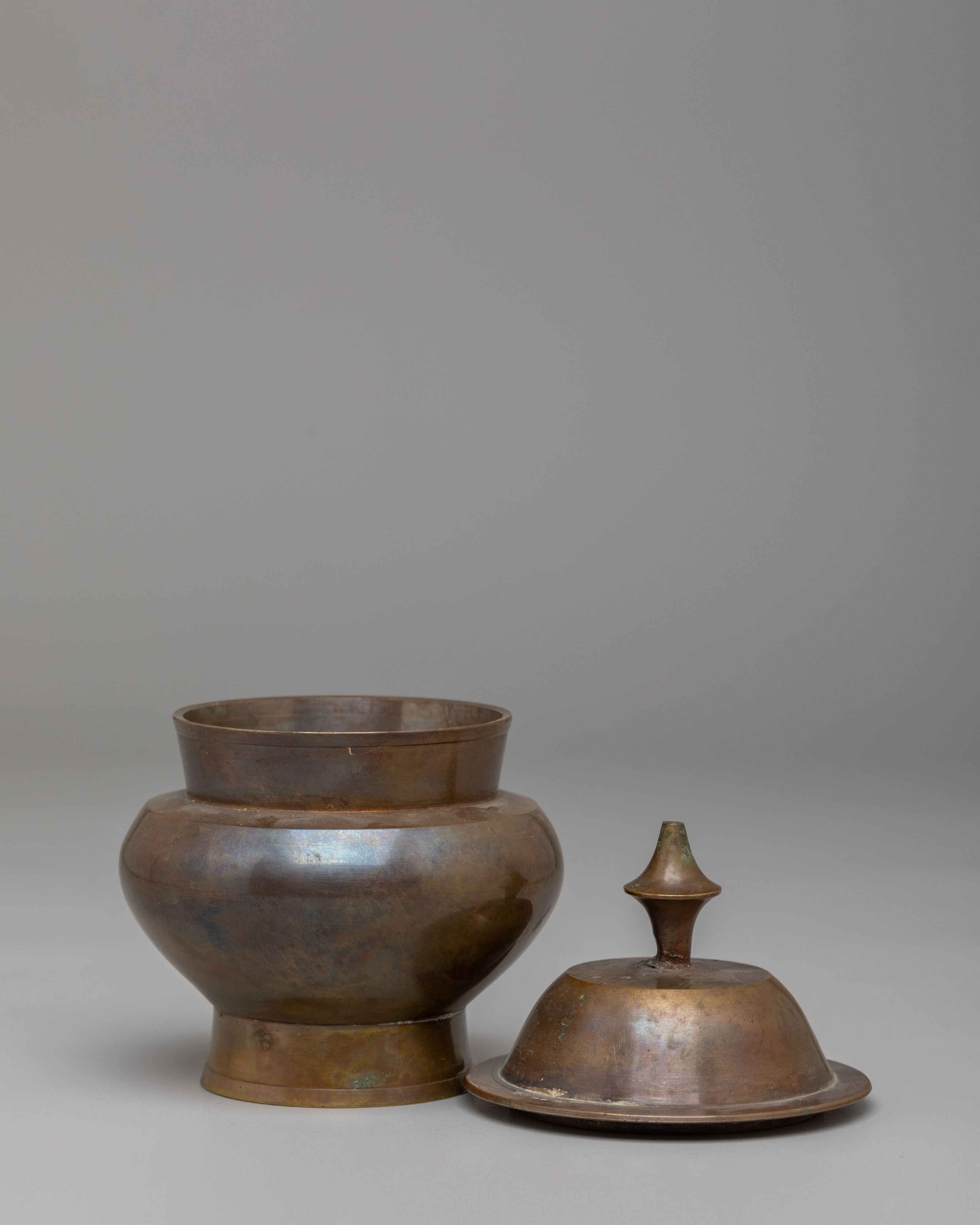 Buddhist Offering Altar Rice Pot | Oxidized Brass Ritual Vessel
