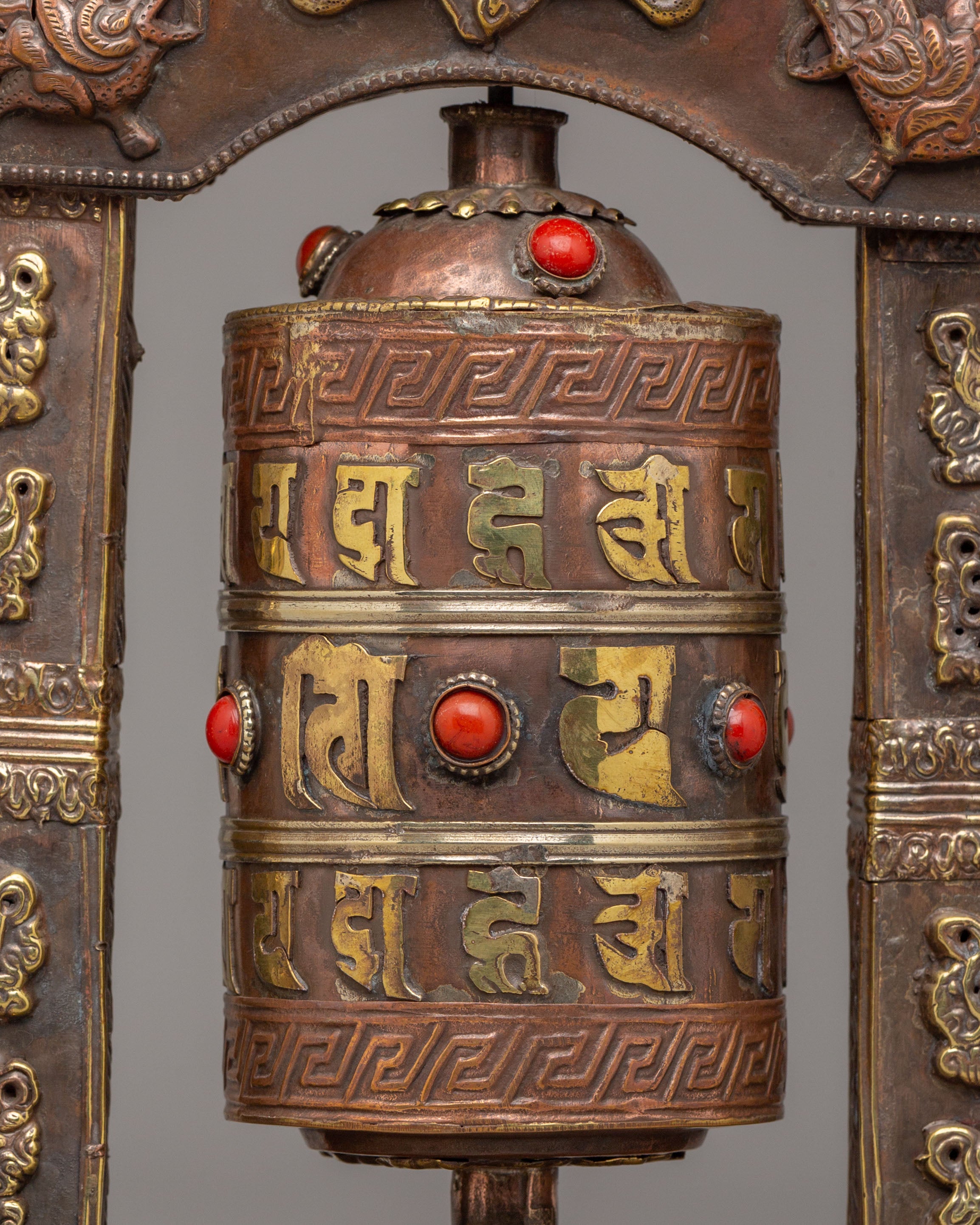 Traditional Mantra Prayer Wheel | Tibetan Copper Body with Gemstones