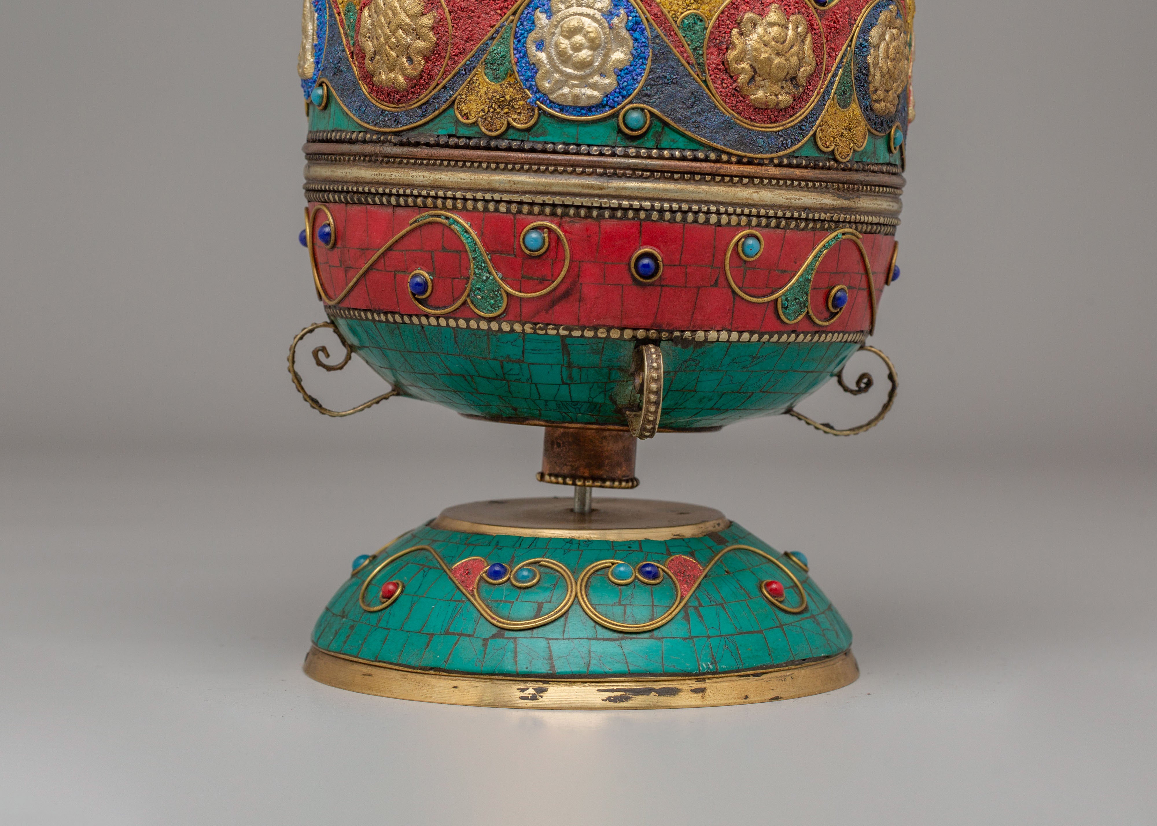 Handmade Blessing Prayer Wheel | Shakyamuni Buddha and Auspicious Symbol Design
