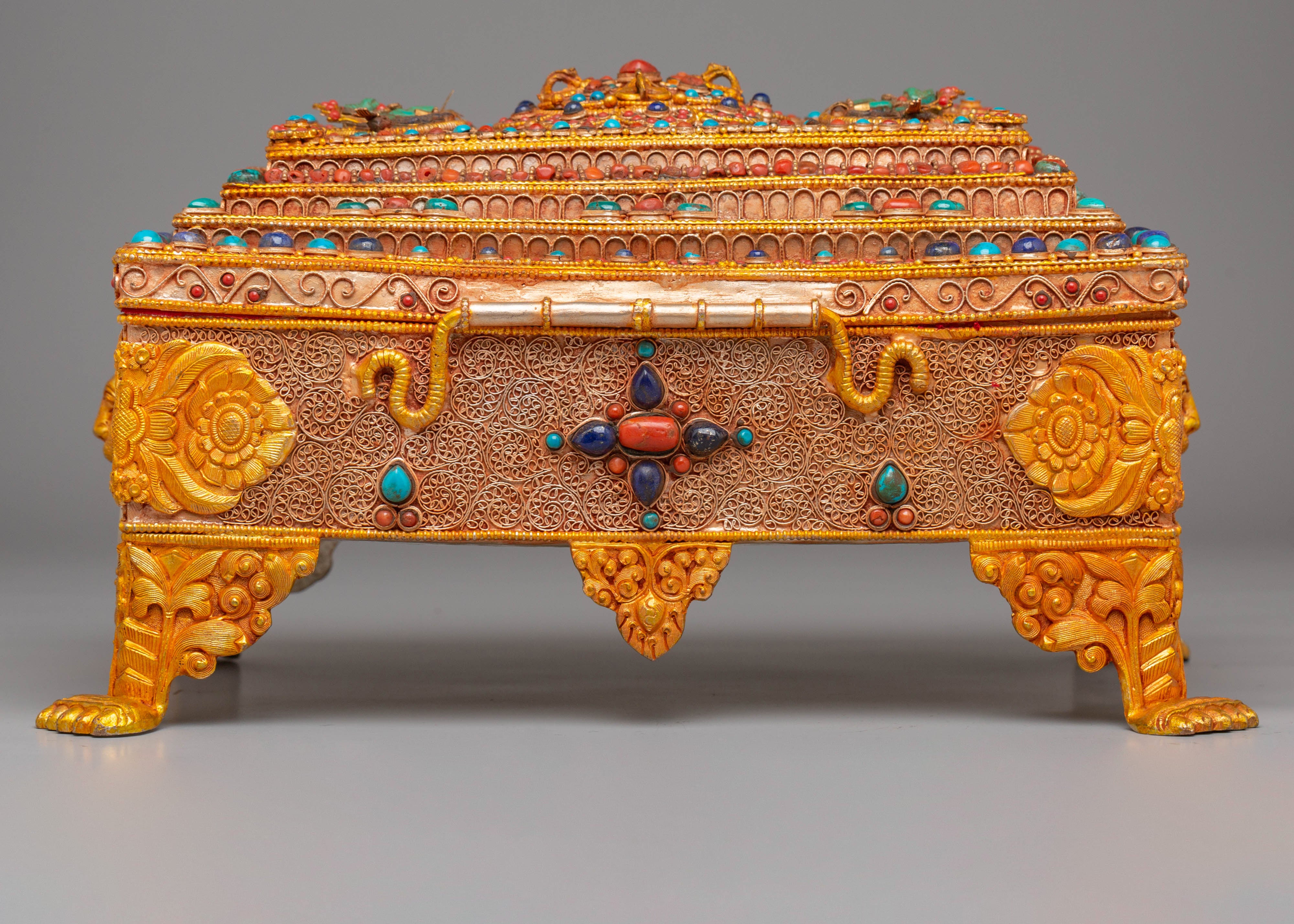 Electro Gold Plated Copper Treasure Box | Tibetan Altar Decor