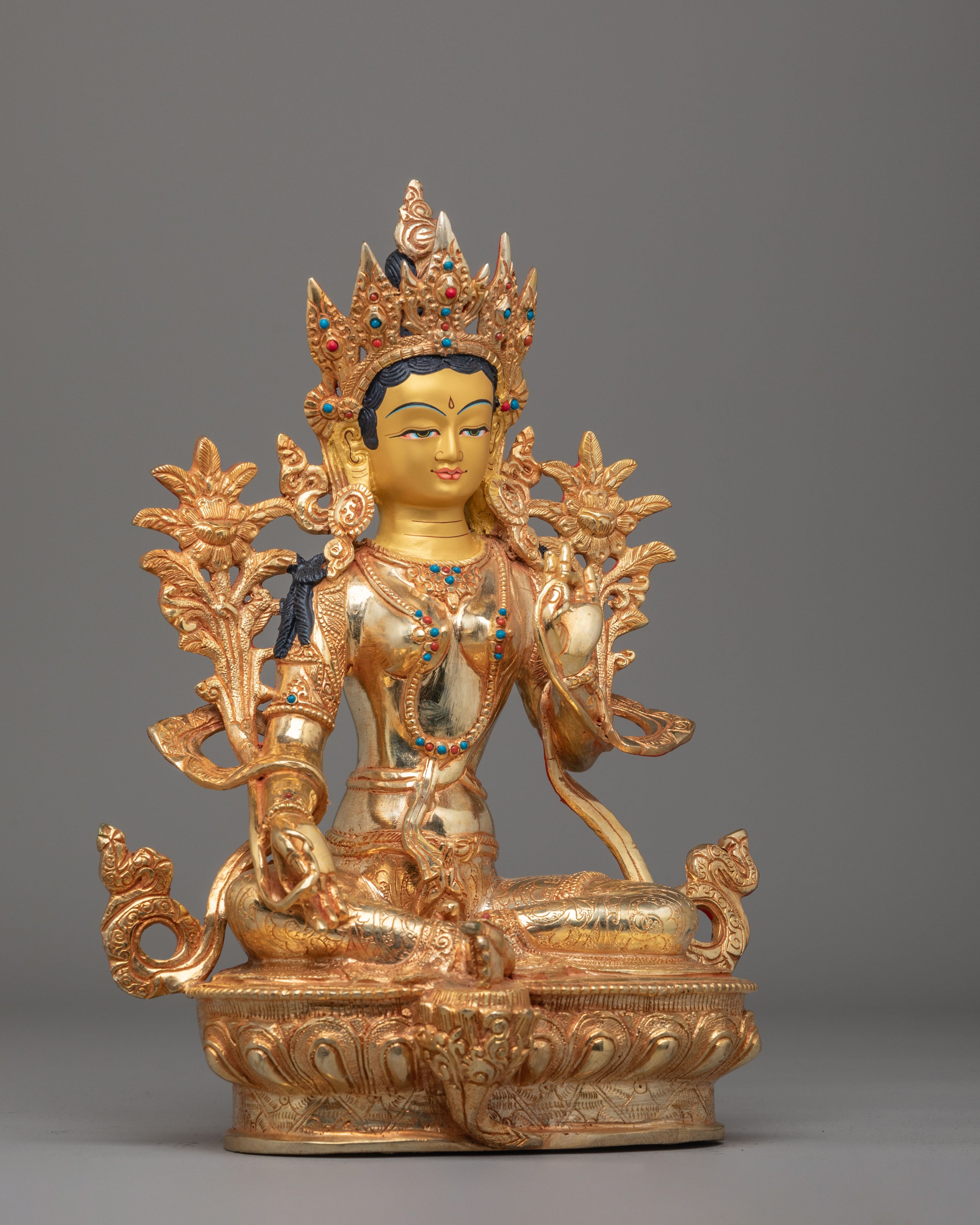 Sacred Green Tara Sculpture | Copper Body with 24K Gold Plating and Gemstones