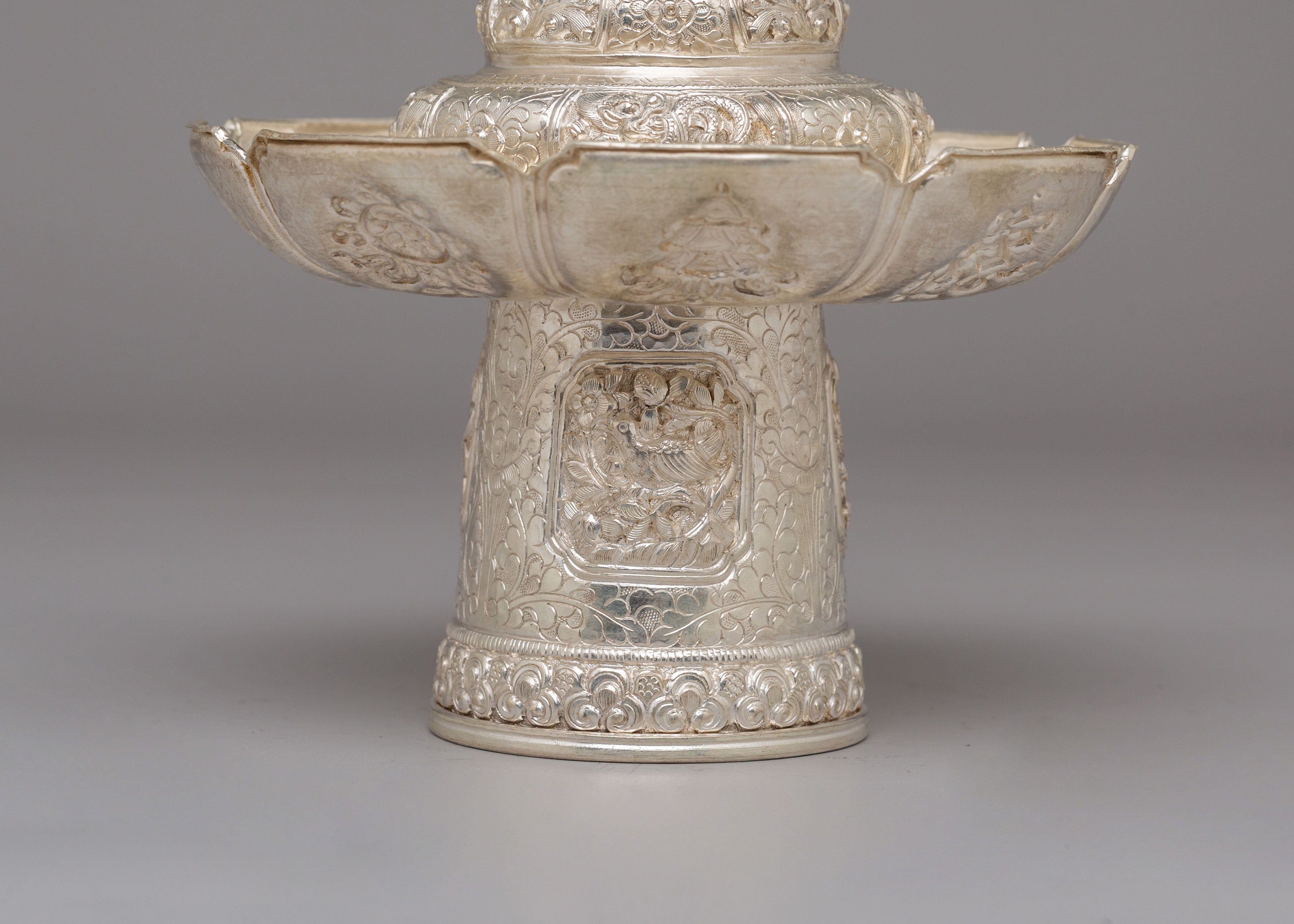 Traditional Tea Cup Cover Set | White Metal Tibetan Ritual Decor