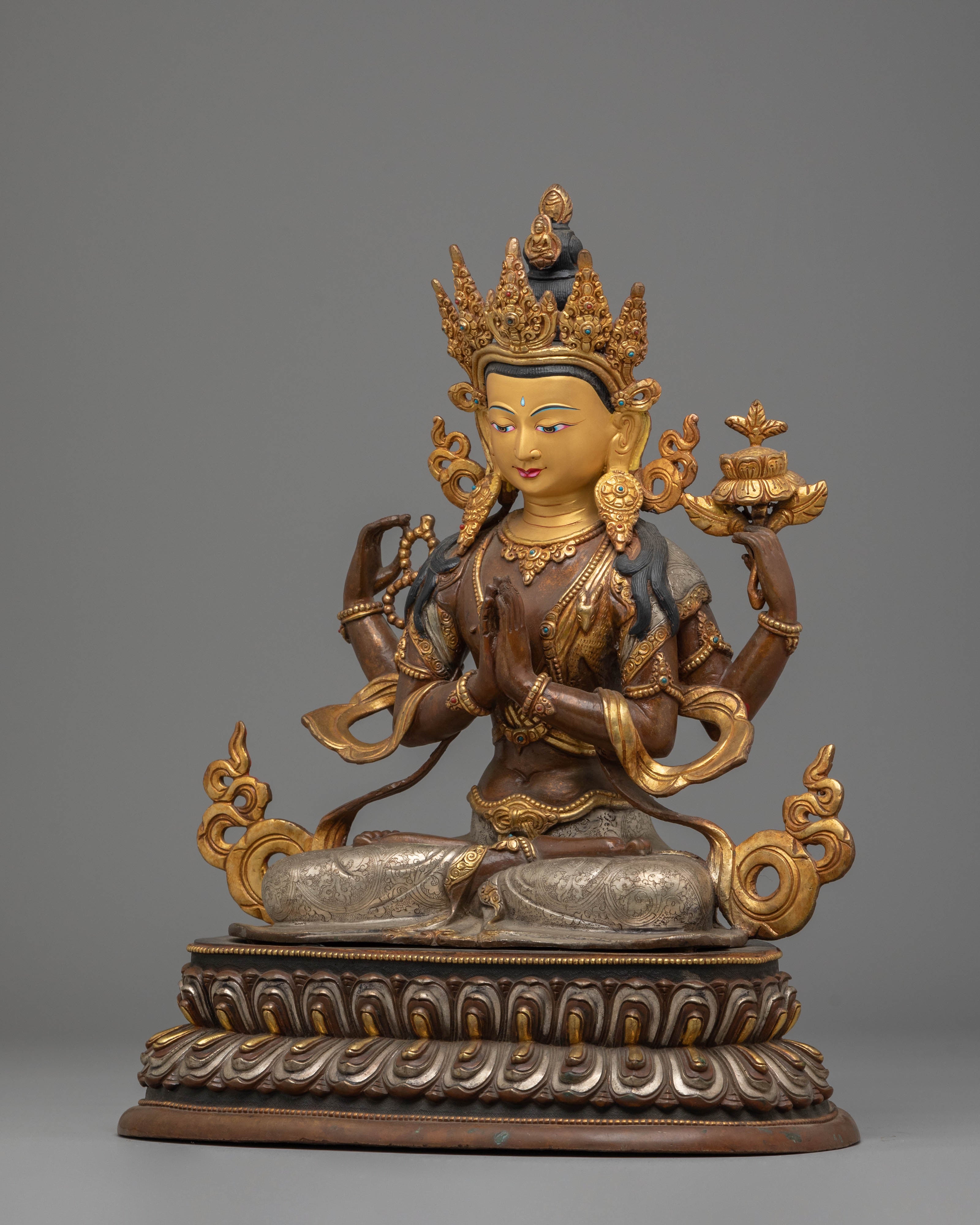 Handcrafted Copper Sculpture of Chenrezig with 24K Gold Gilding and Silver Plating