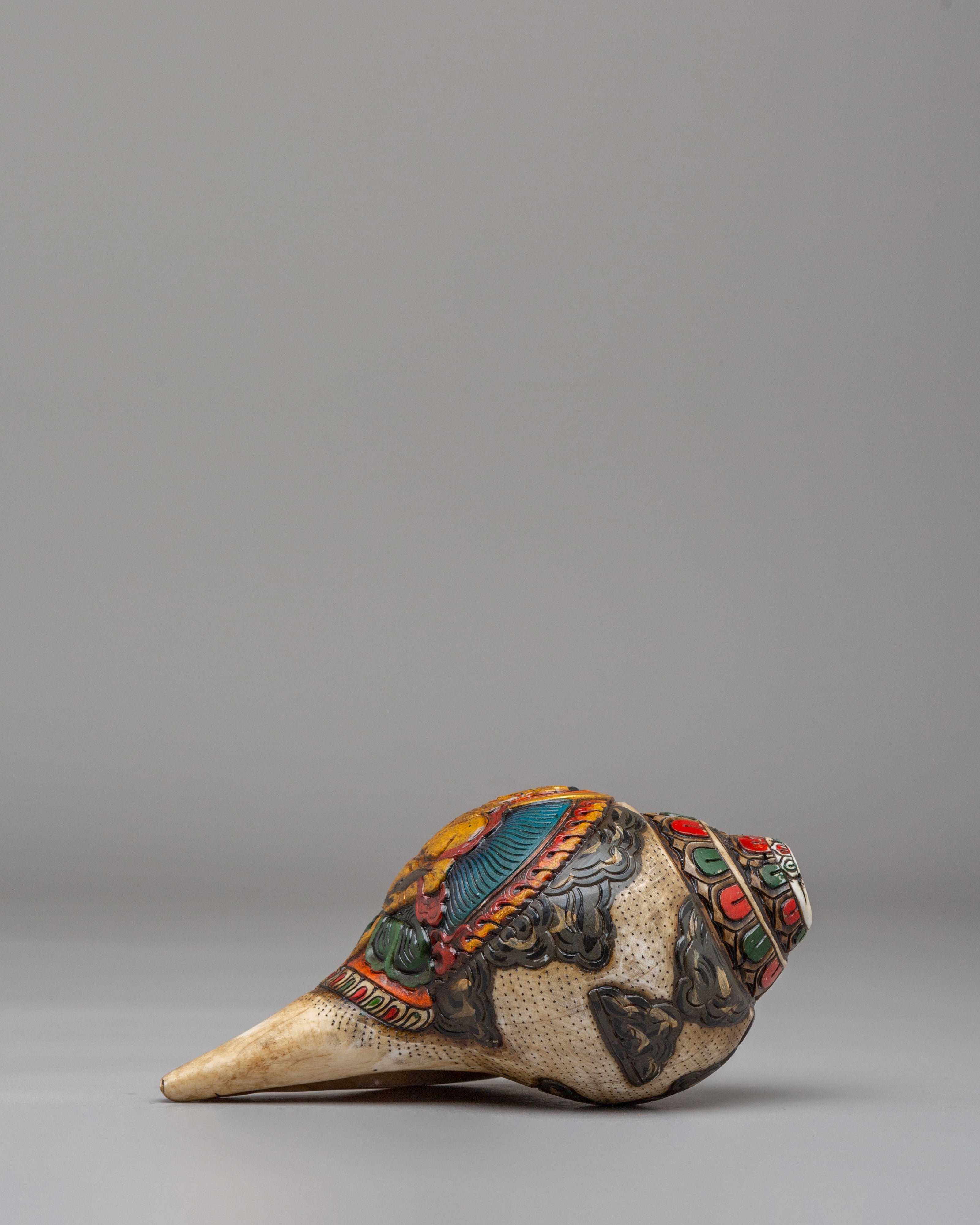 Dzambhala Carved Ritual Conch | Tibetan Buddhist Altar Decor