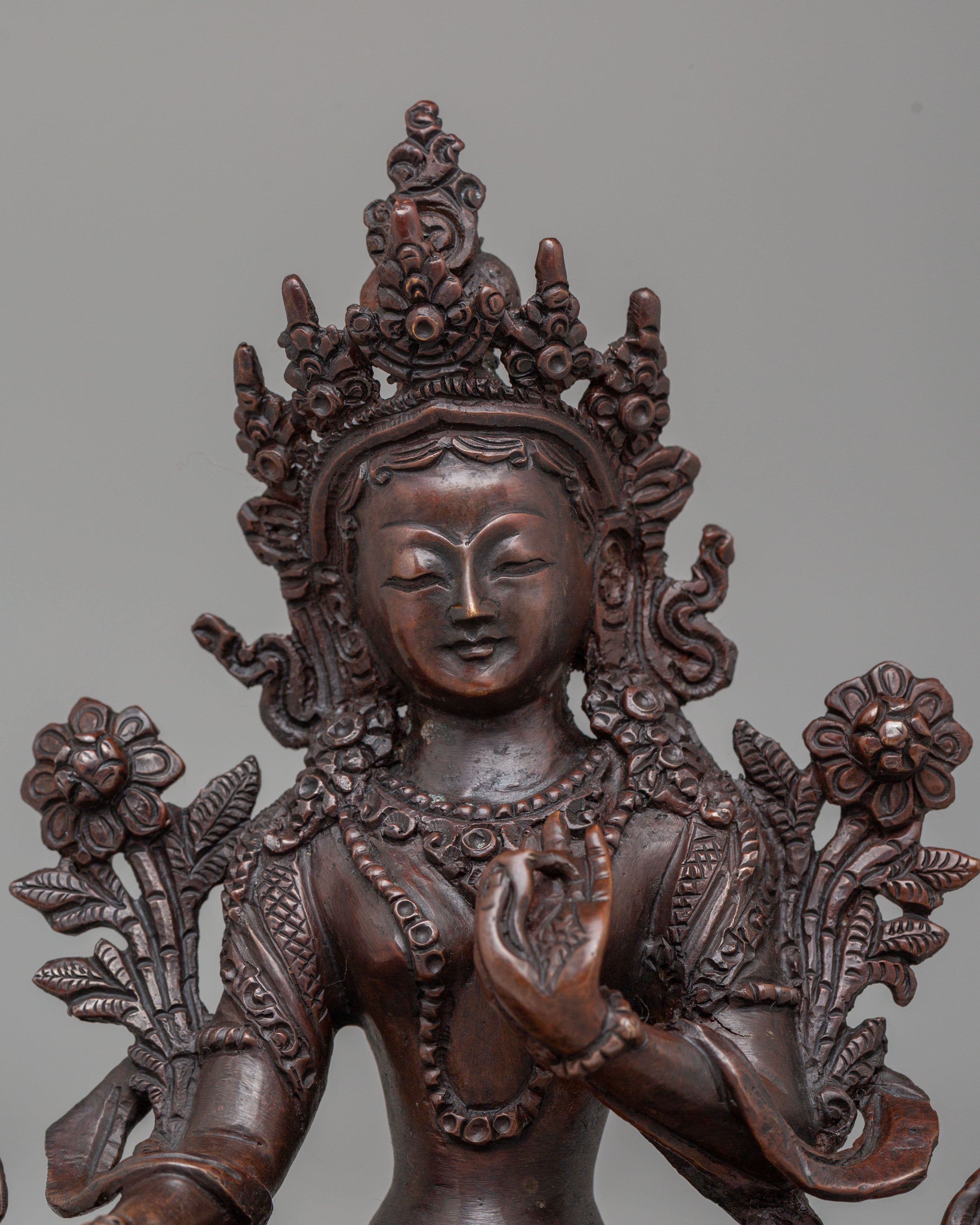 Sacred Green Tara Deity Statue | Handcrafted Oxidized Copper Figure