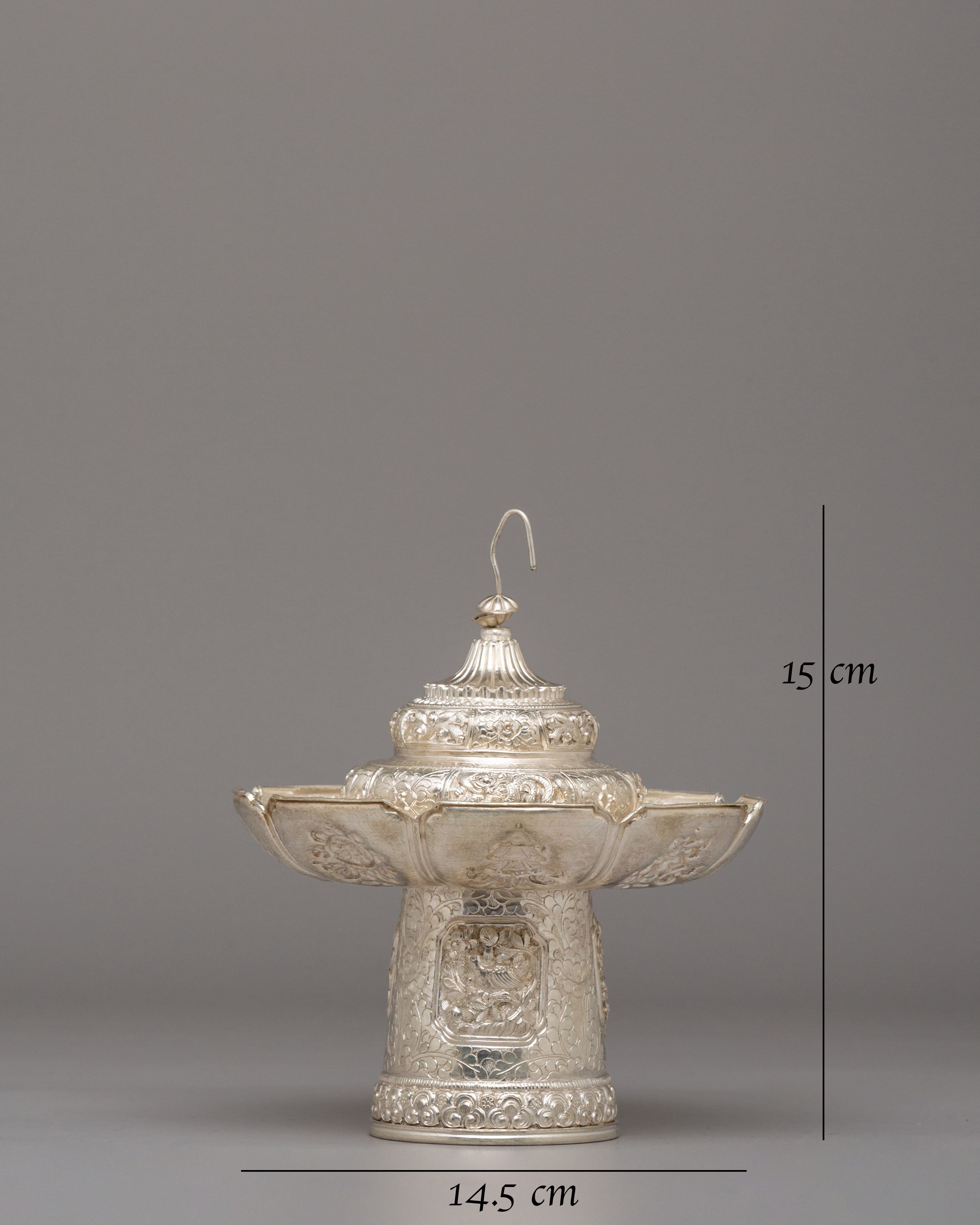 Traditional Tea Cup Cover Set | White Metal Tibetan Ritual Decor