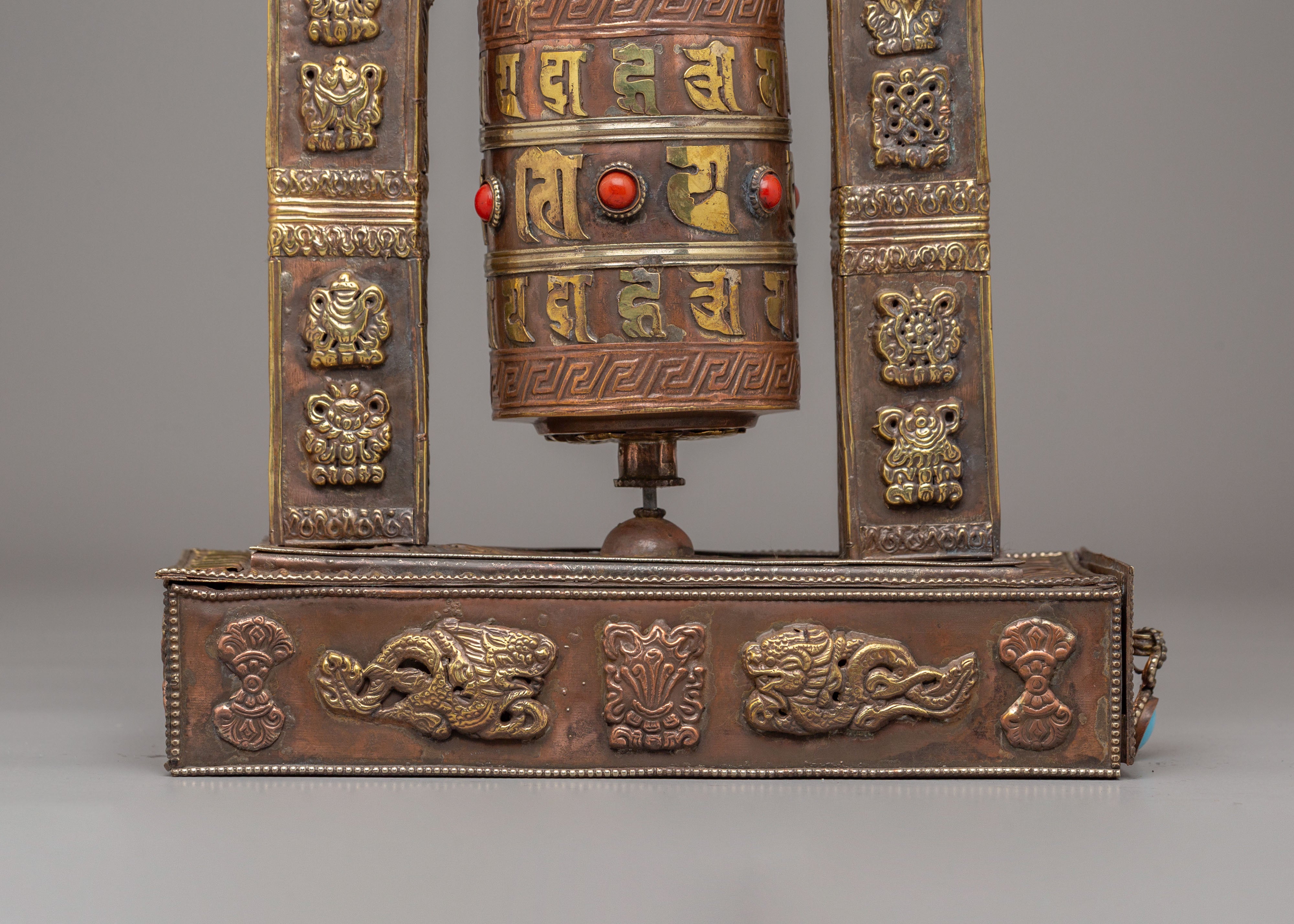 Traditional Mantra Prayer Wheel | Tibetan Copper Body with Gemstones