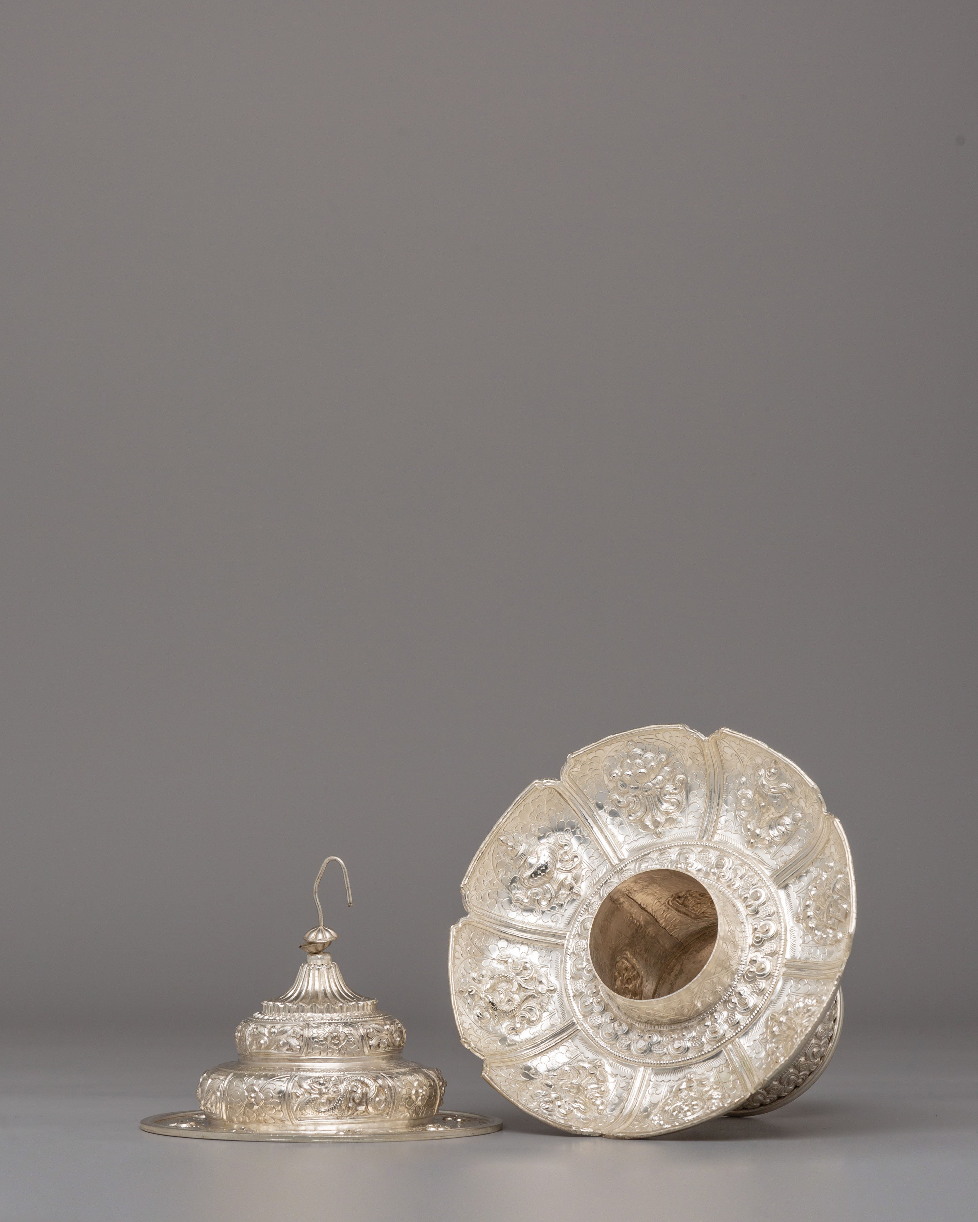Traditional Tea Cup Cover Set | White Metal Tibetan Ritual Decor