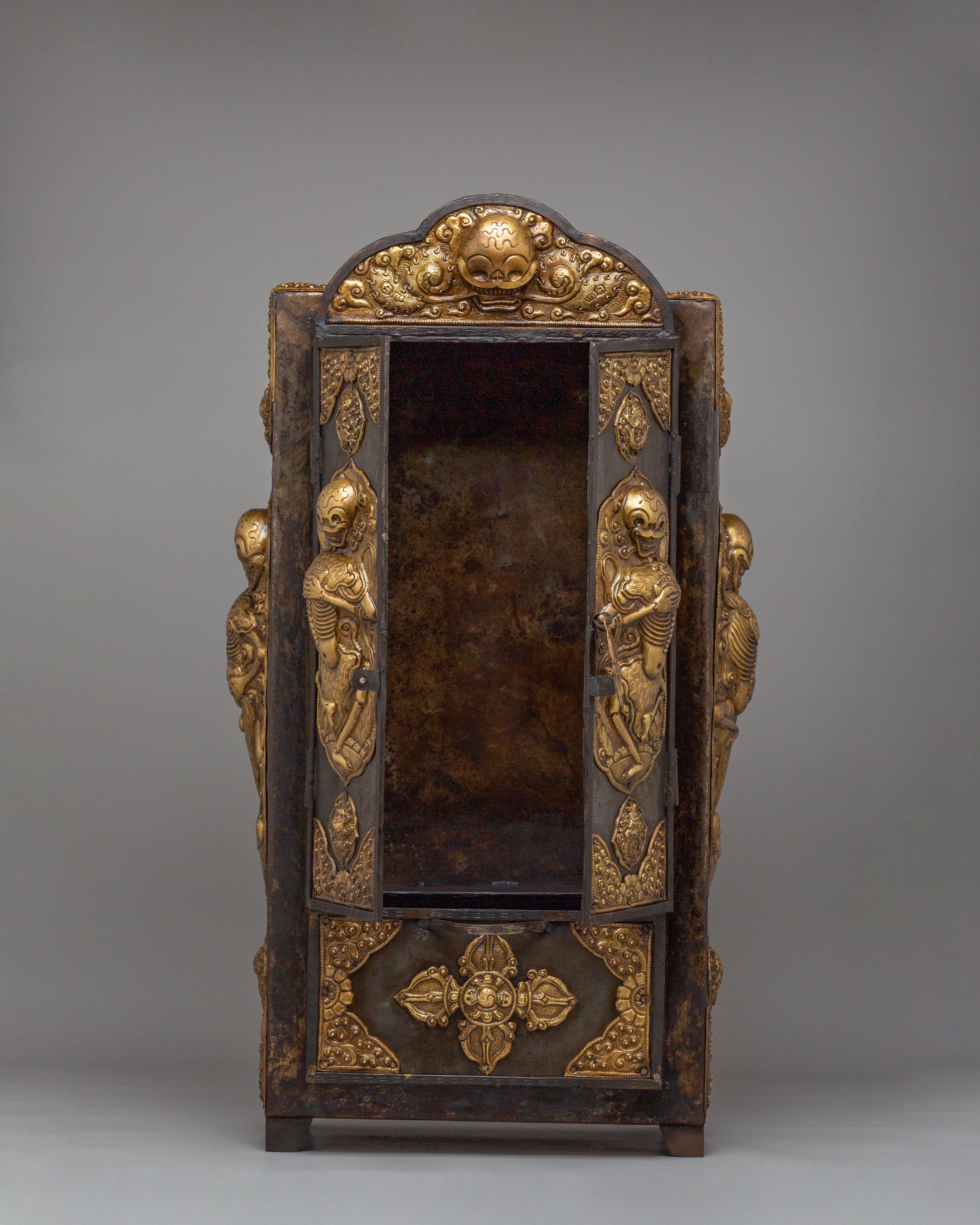 Buddhist Chitipati Altar Box | Brass and Iron Tibetan Ritual Cabinet