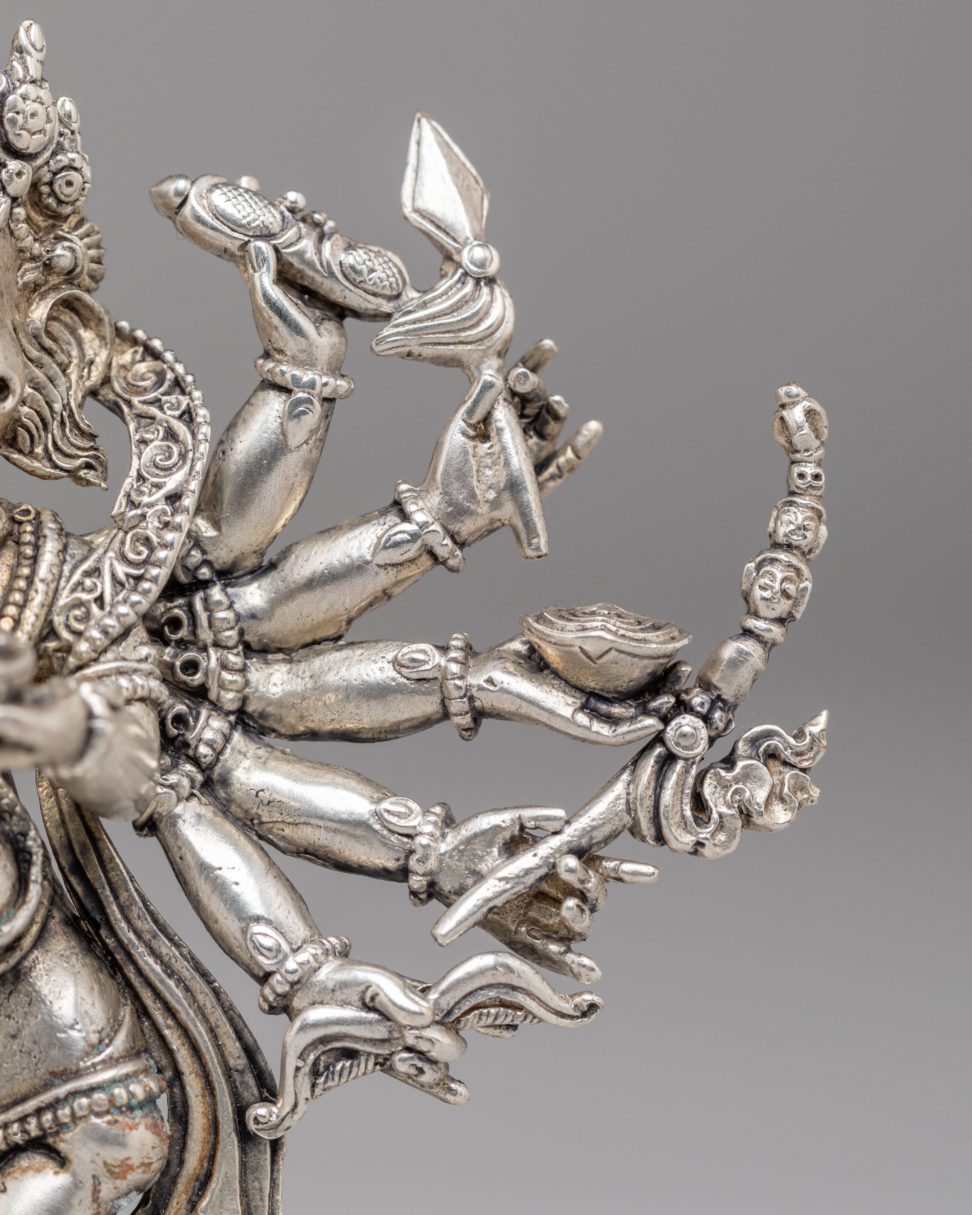 12-Armed Maha Rakta Ganesh Statue | Machine Made Silver Plated Hindu Deity
