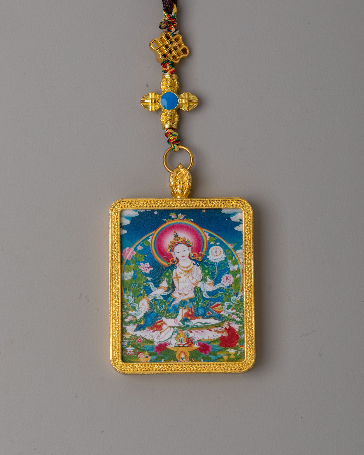Tibetan White Tara Pendant | Buddhist Prayer Hanging with Sacred Artwork