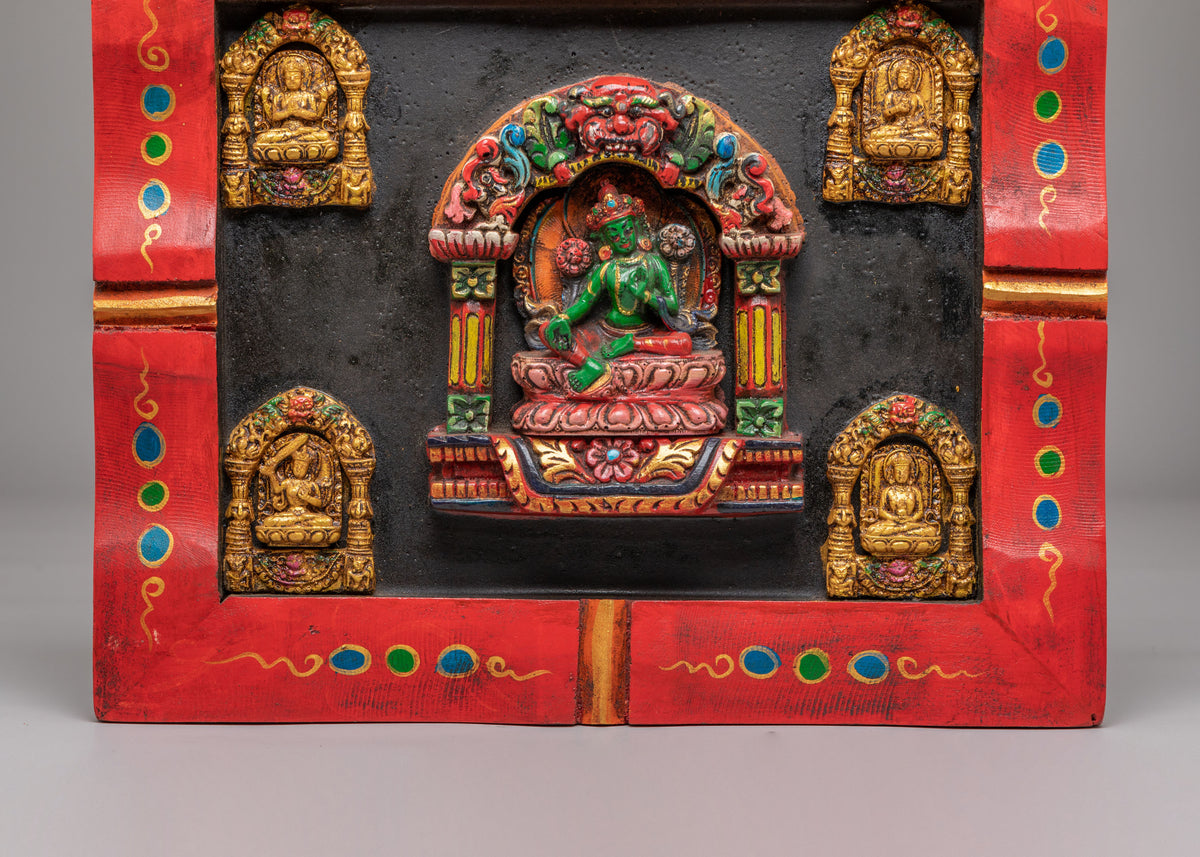 Buddhist Green Tara Wall Hanging | Buddhist Artwork with Chenrezig, Manjushri & Amitayus