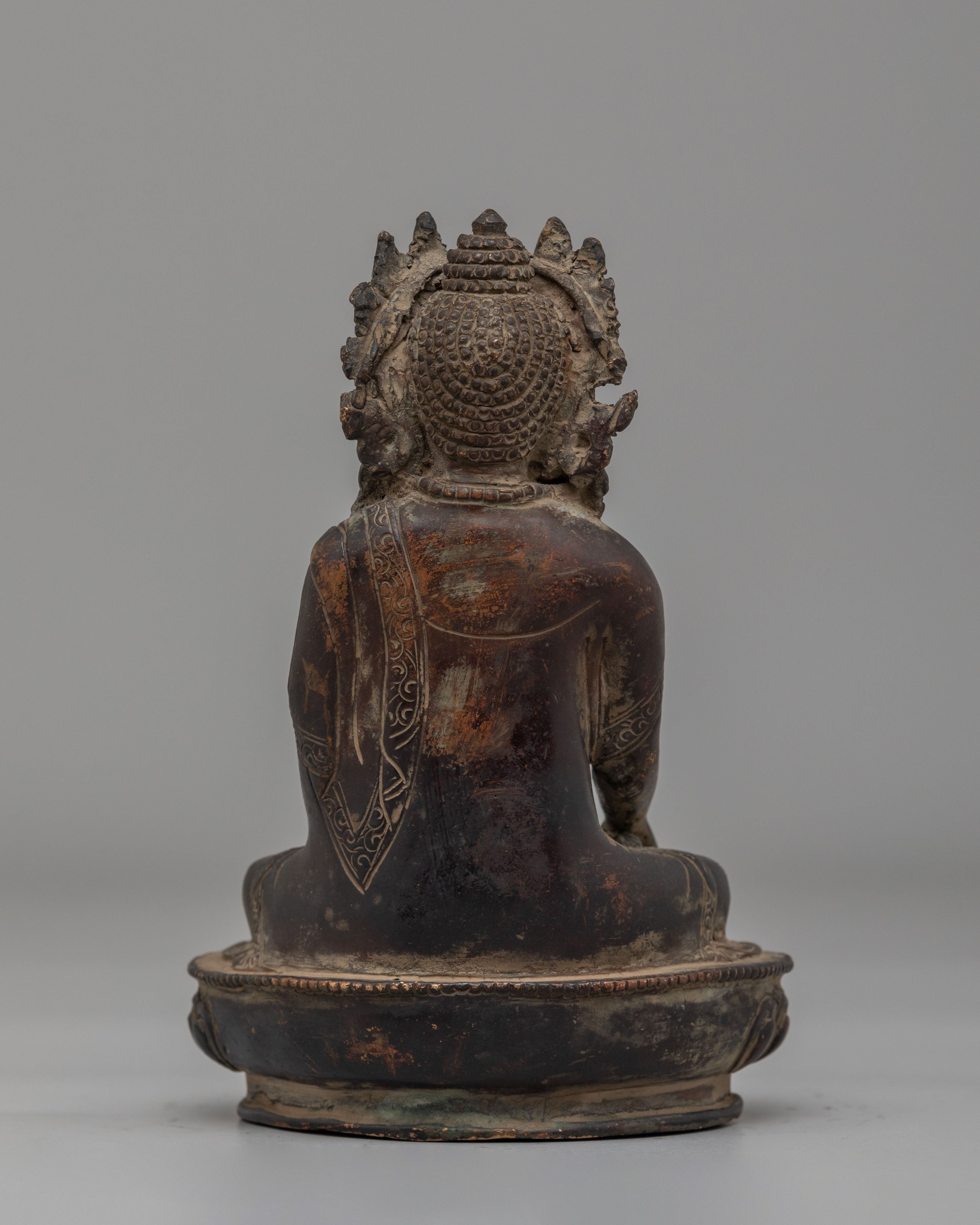 Handmade Crown Shakyamuni Buddha Statue | Oxidized Brass Crowned Buddha