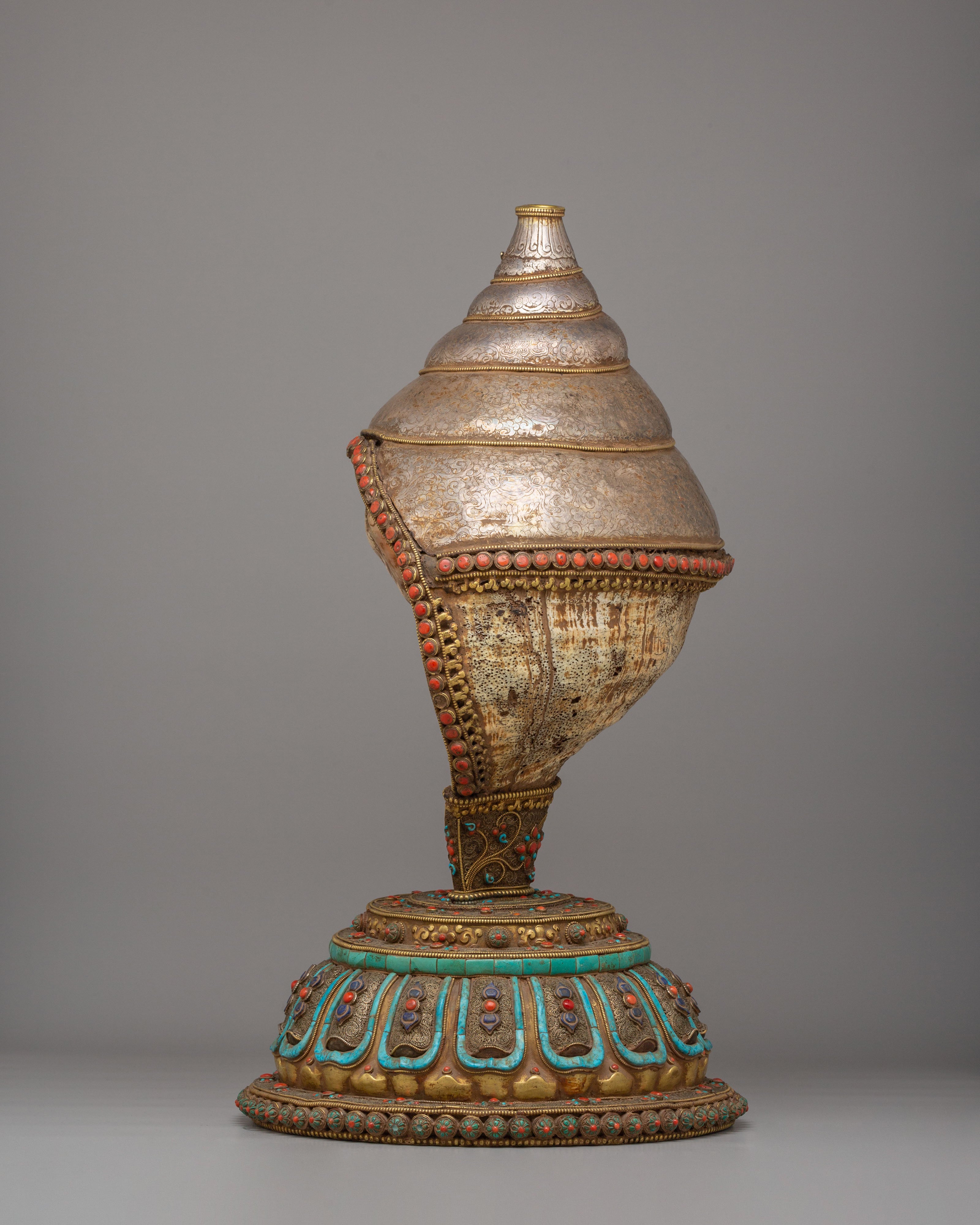 Handmade Decorative Sankha with Base | Antique Conch Shell Spiritual Decor