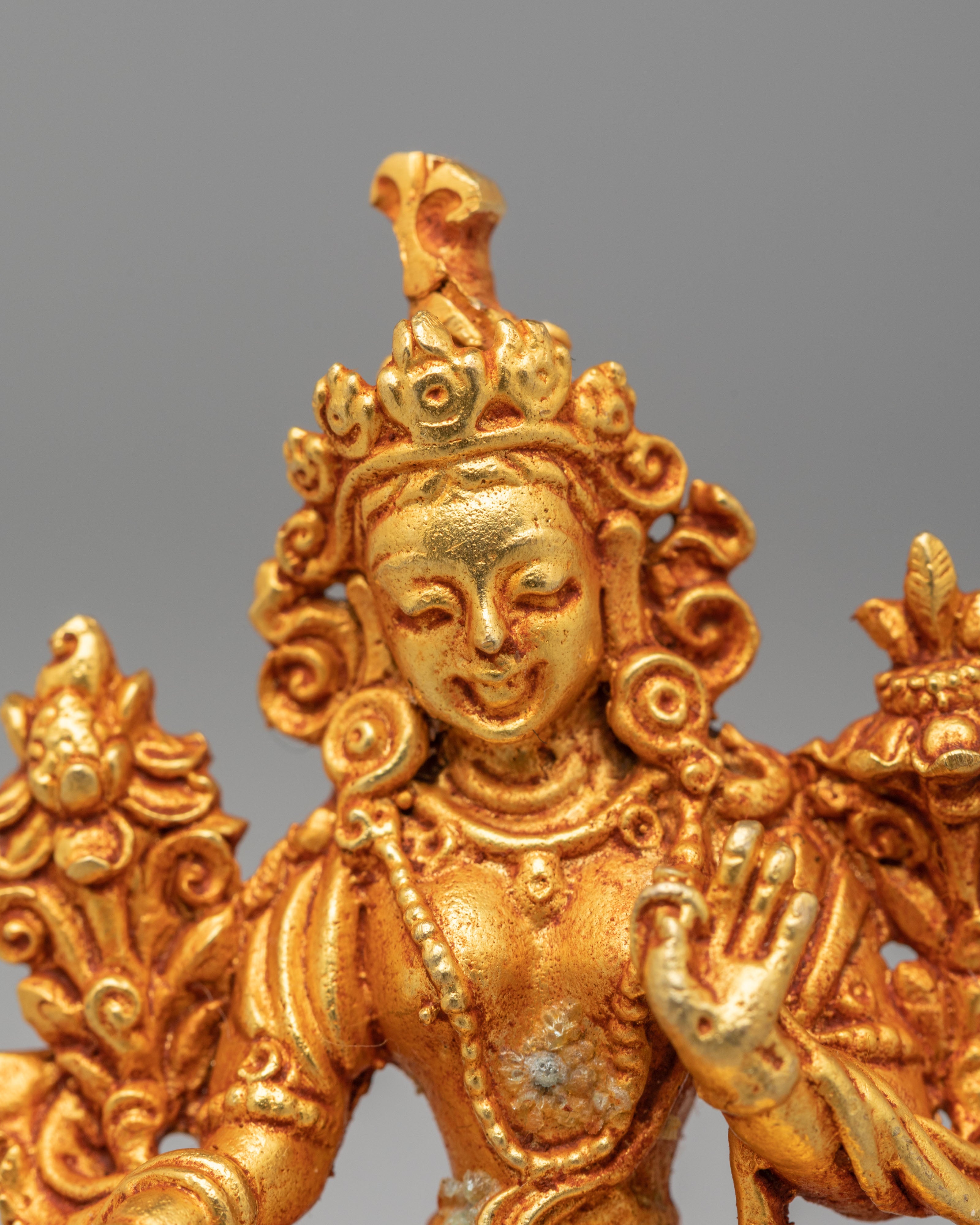 Sacred Green Tara Shrine Statue | Gold Plated Copper Buddhist Goddess