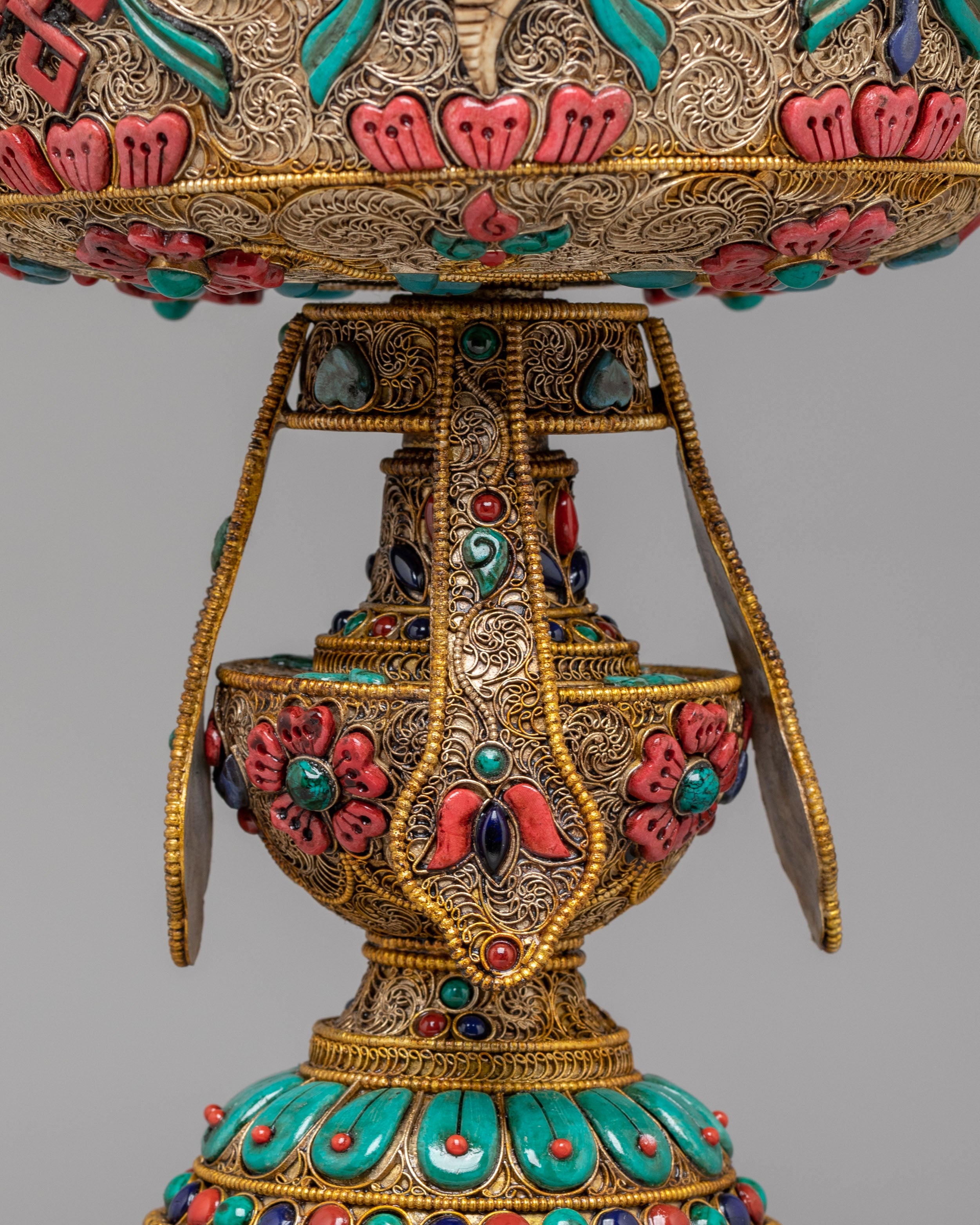 Buddhist Altar Butter Lamp Set | Gemstone Inlaid Copper Offering Lamps
