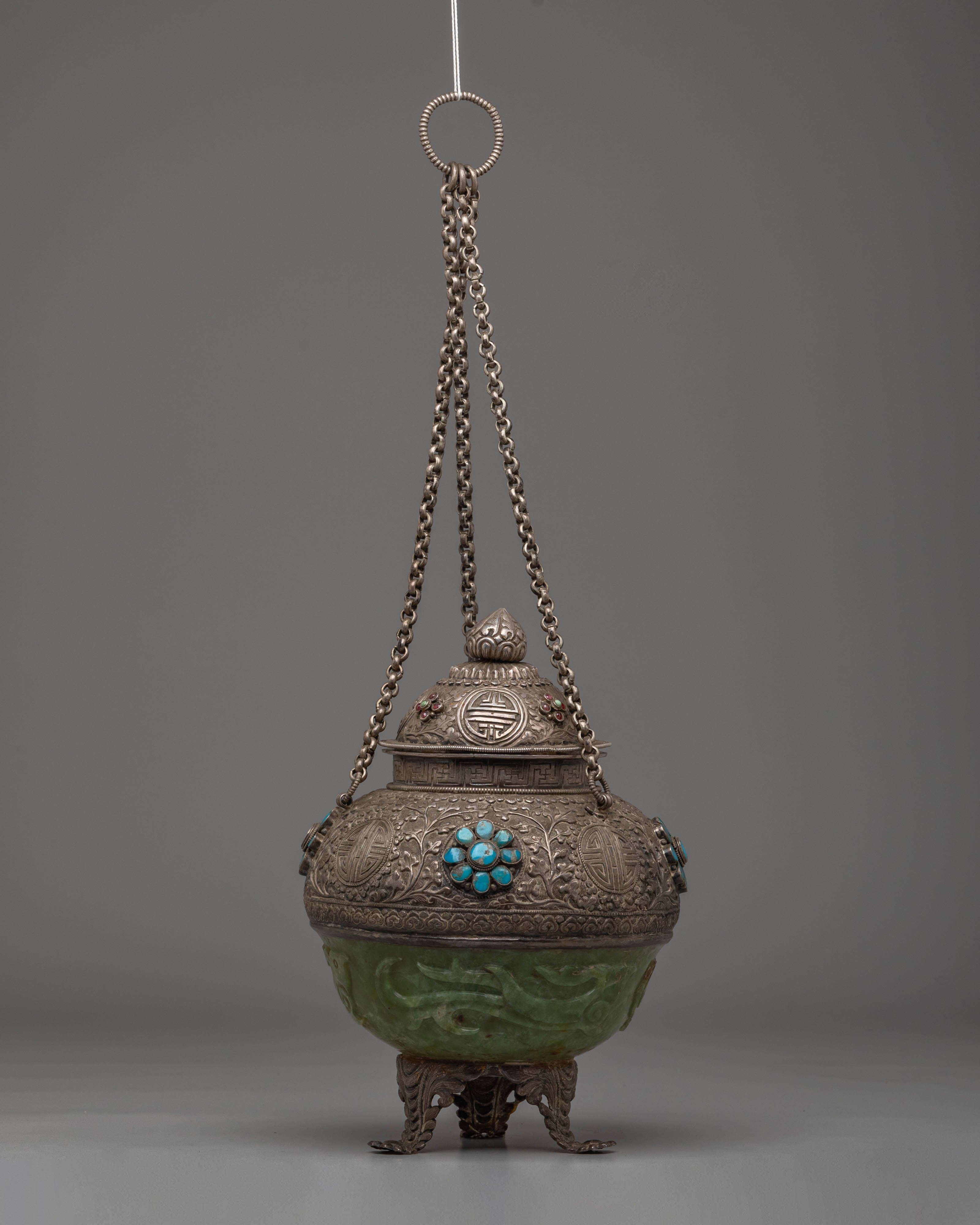 Decorative Tibetan Incense Burner | Silver and Jade Inense Burner