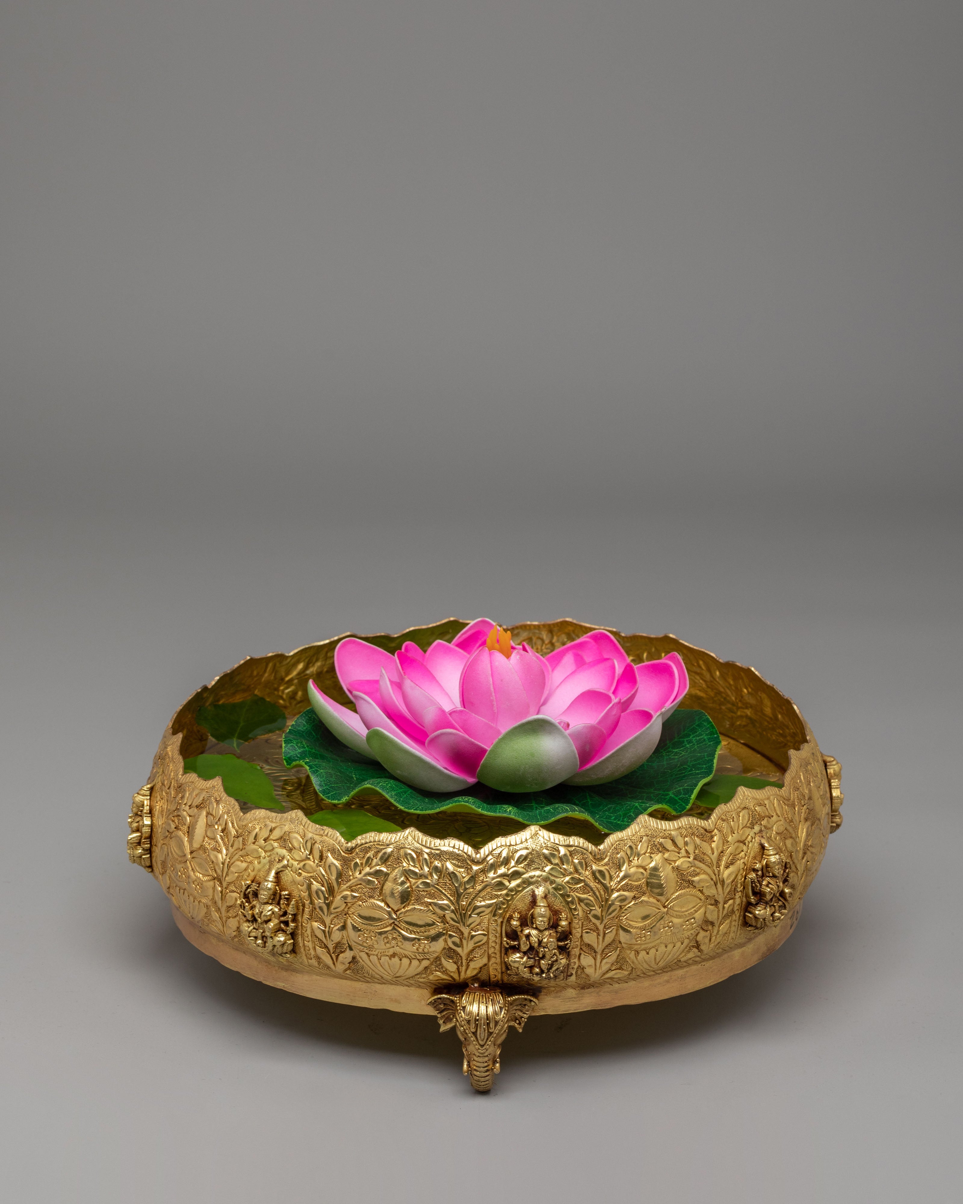 Himalayan Spiritual Urli Bowl | Brass with Elephant Legs & Deity Engravings