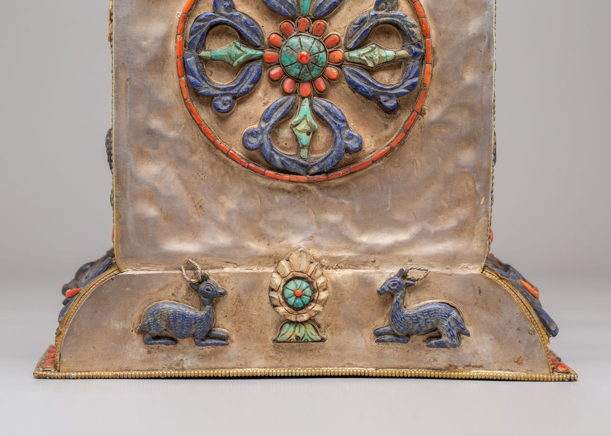 Buddhist Ghau Box with Deity Carvings | Silver Sacred Shrine