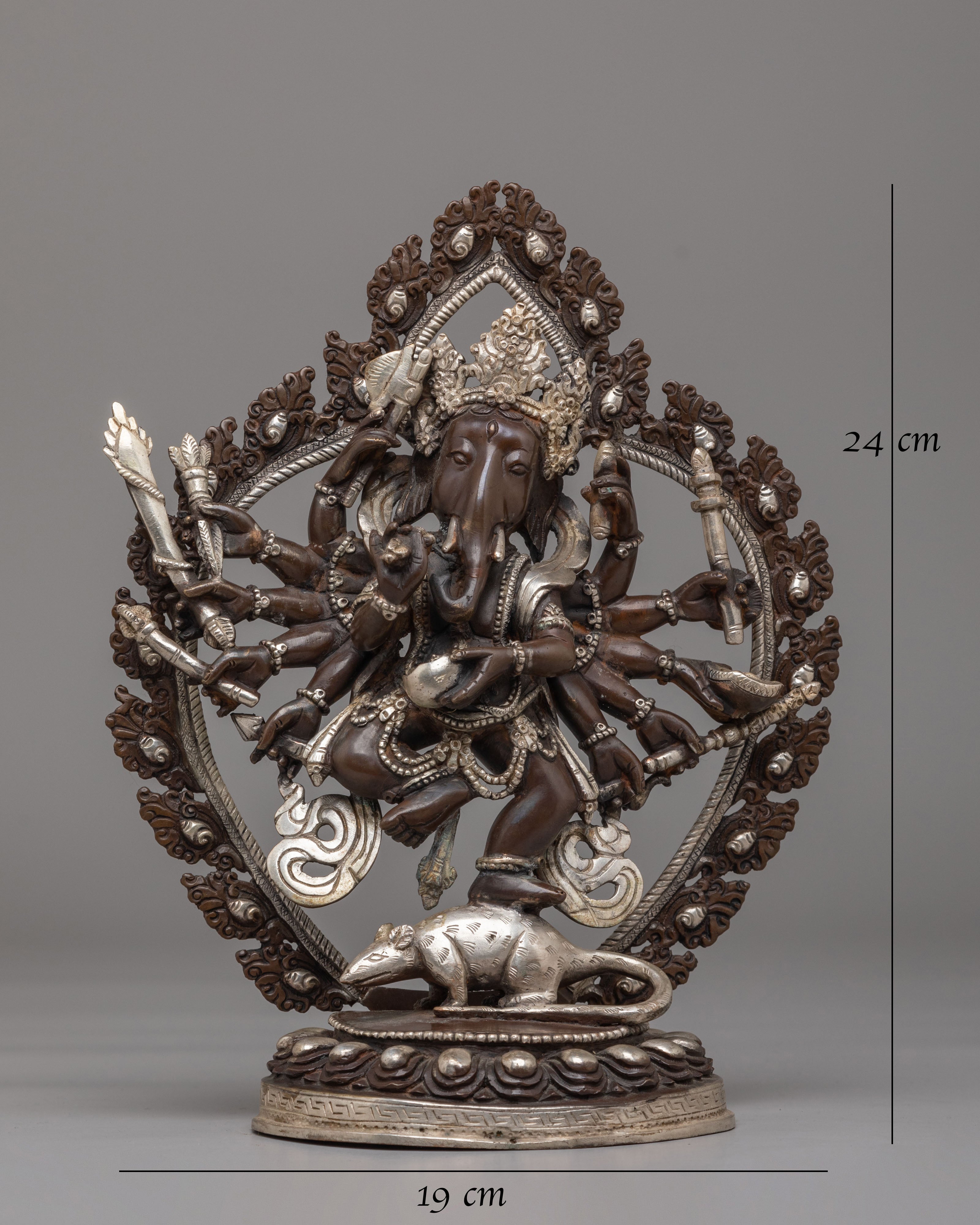 12-Armed Maha Rakta Ganesha Statue | Silver Plated Copper Deity