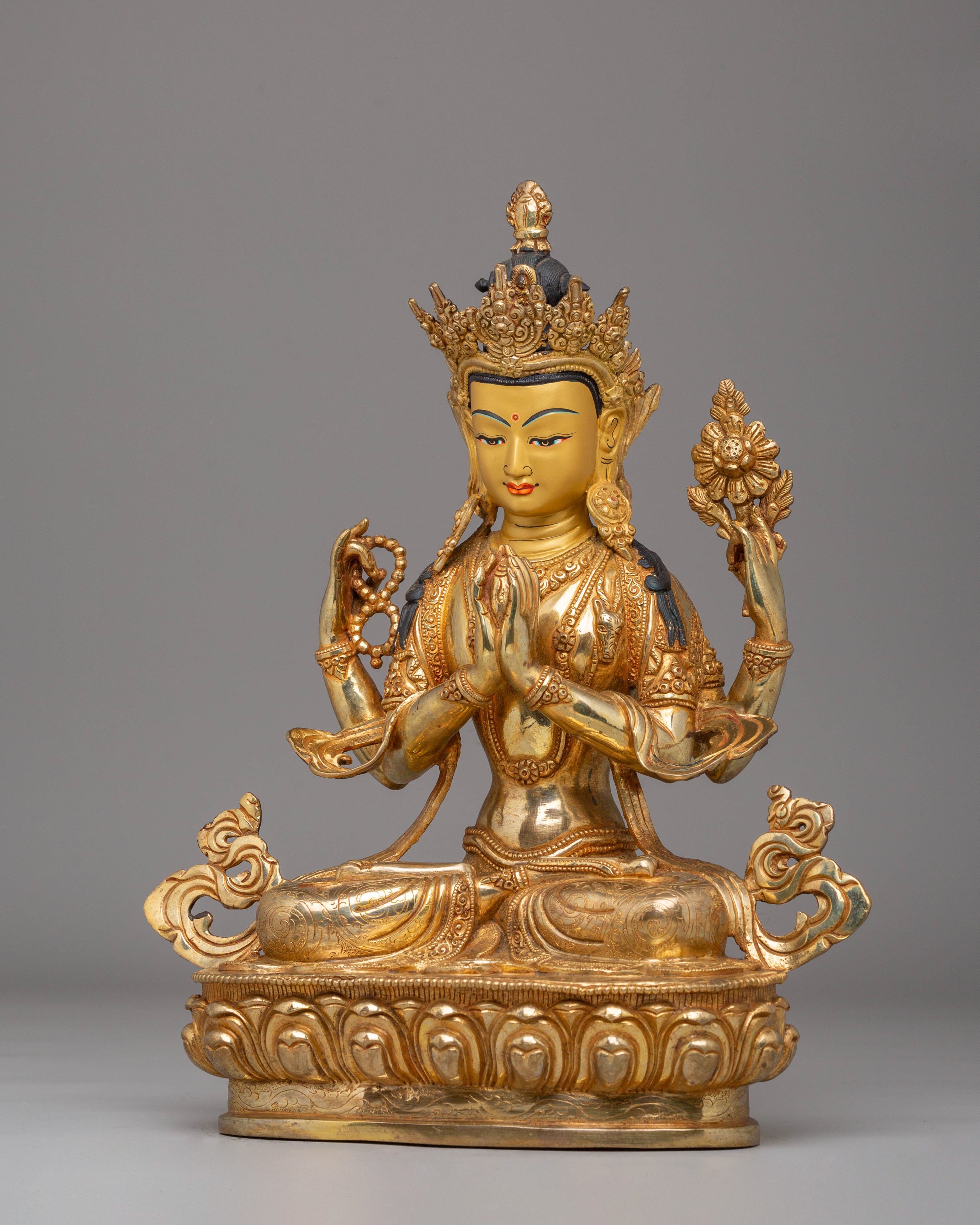 Handcrafted Copper Statue of Chenrezig with 24K Gold Gilding