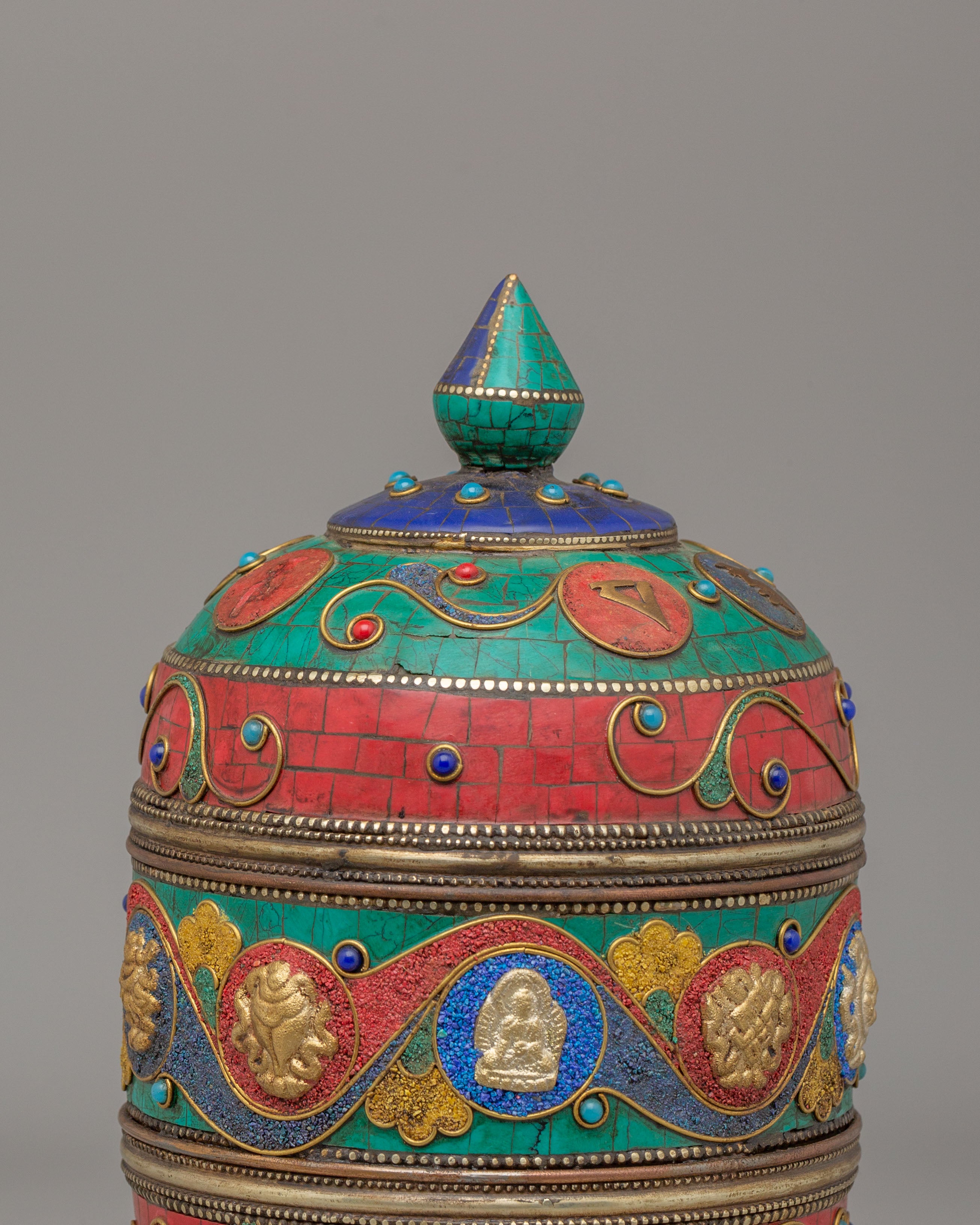 Handmade Blessing Prayer Wheel | Shakyamuni Buddha and Auspicious Symbol Design