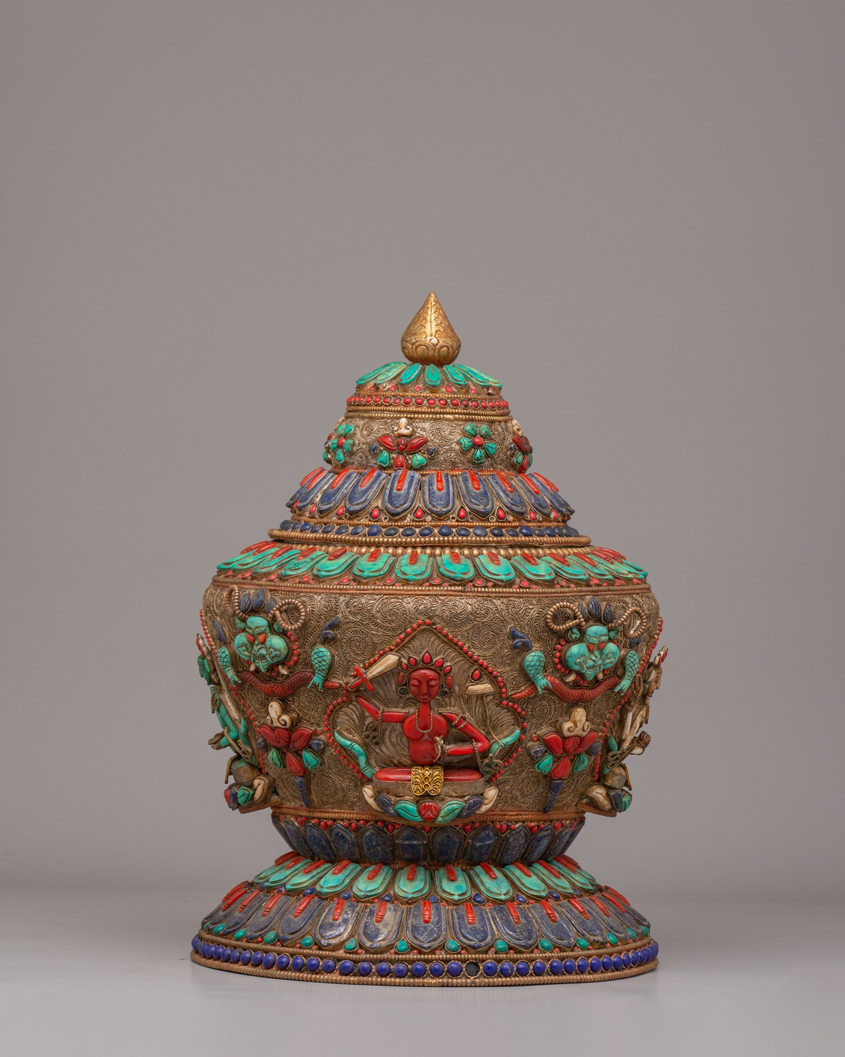Dhupur Tibetan Rice Pot | Copper Body with Hand-Carved Deities