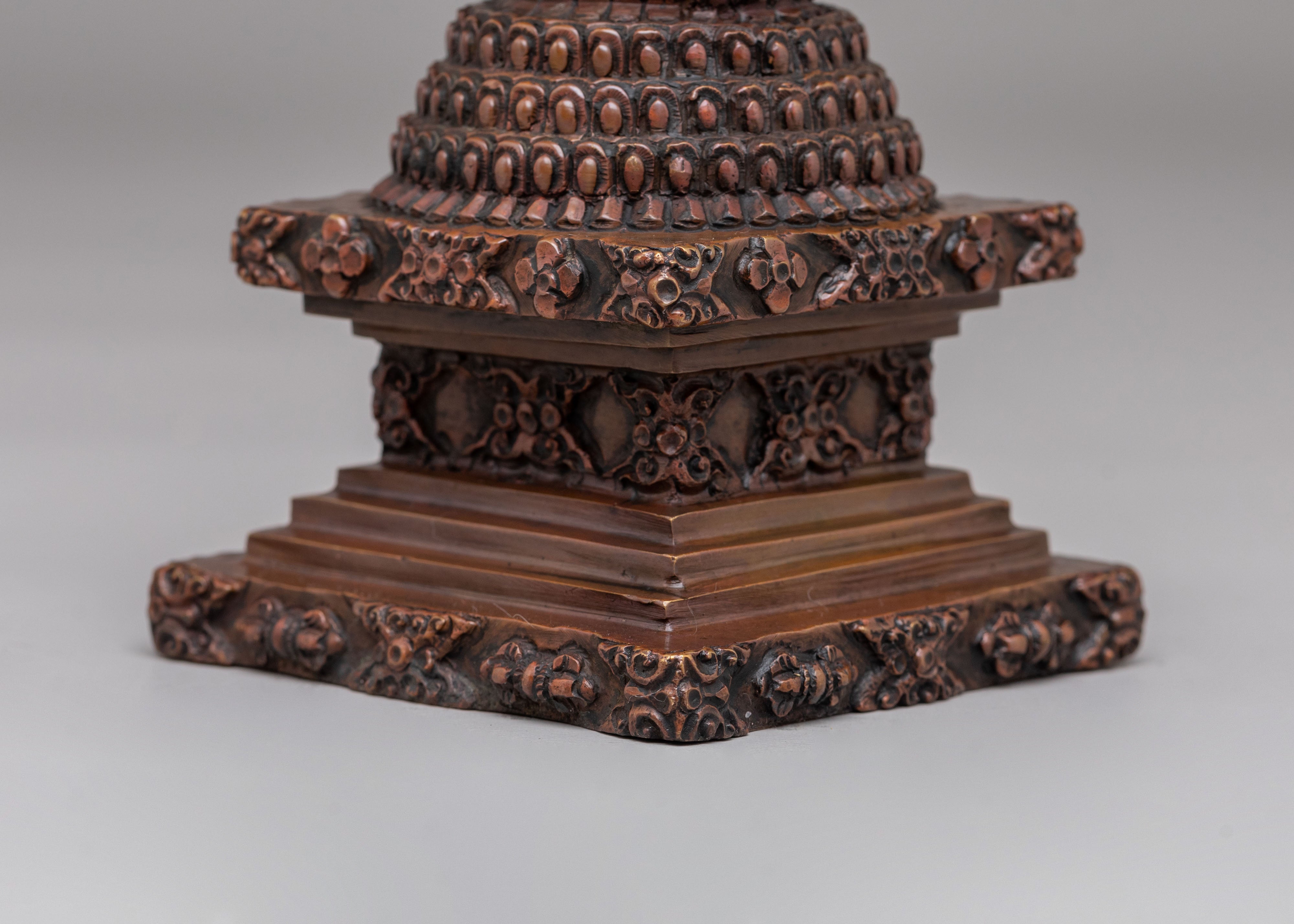 Traditional Lotus Blossom Stupa | Handcrafted Oxidized Copper Sacred Decor