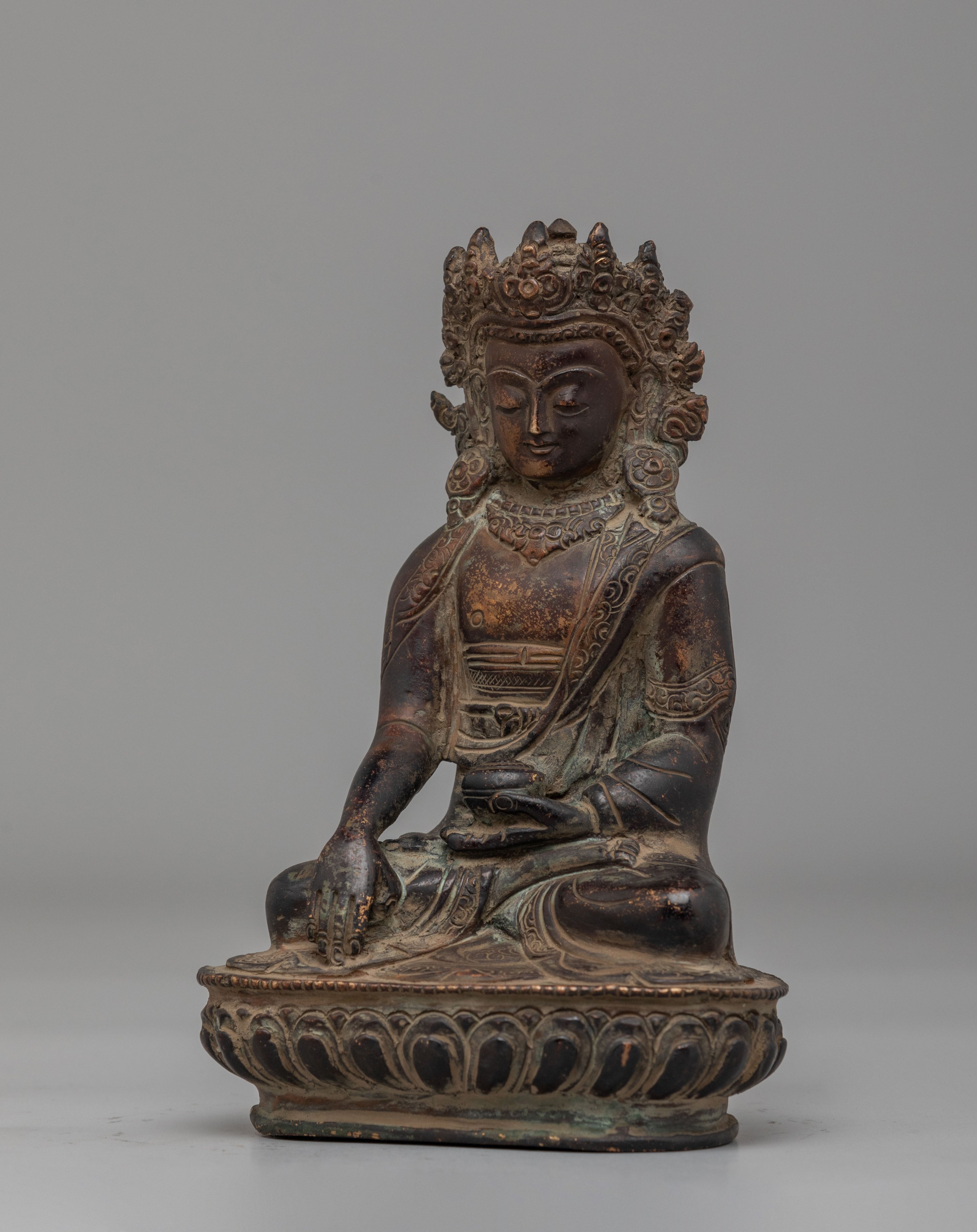 Handmade Crown Shakyamuni Buddha Statue | Oxidized Brass Crowned Buddha
