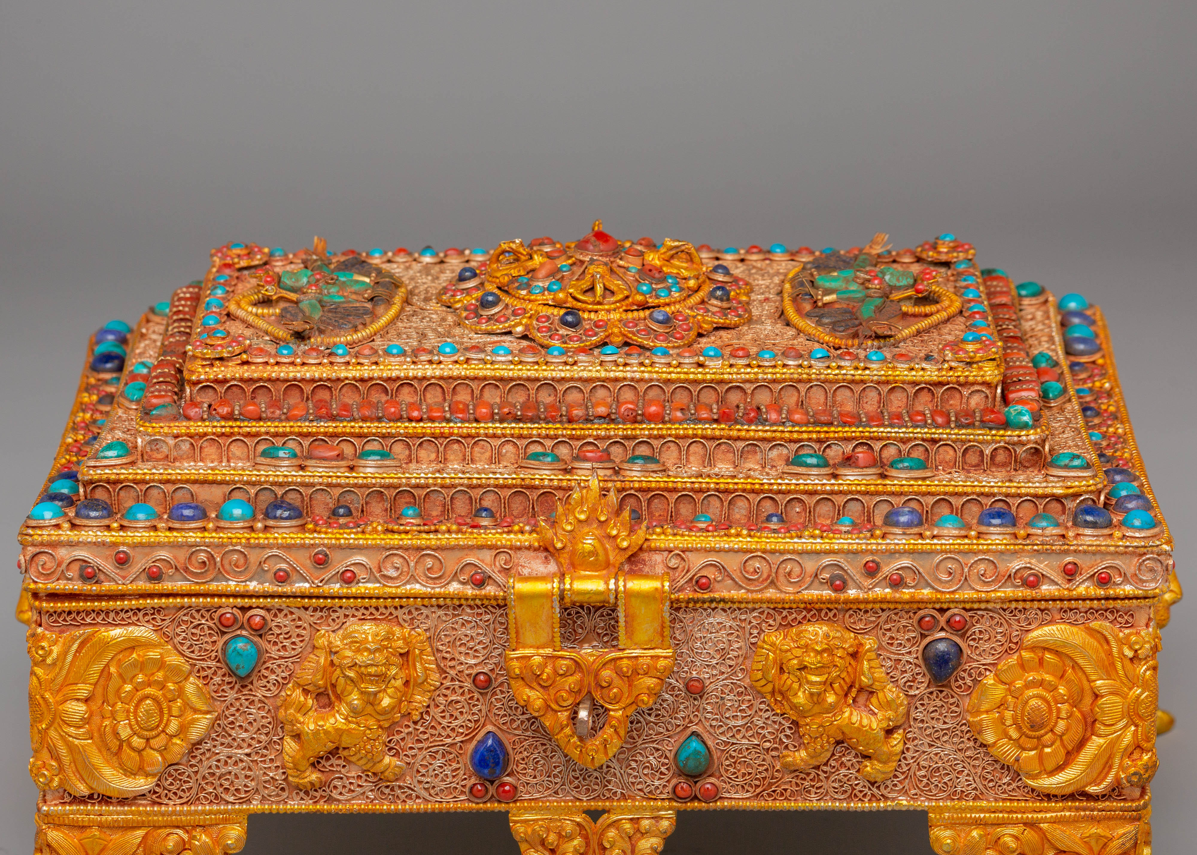 Electro Gold Plated Copper Treasure Box | Tibetan Altar Decor