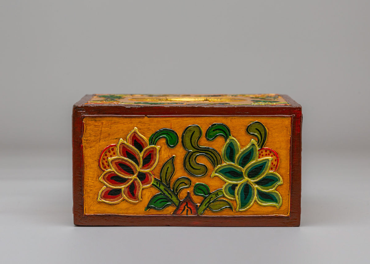 Tibetan Wooden Tissue Box | Handcrafted Floral Painted Tissue Holder