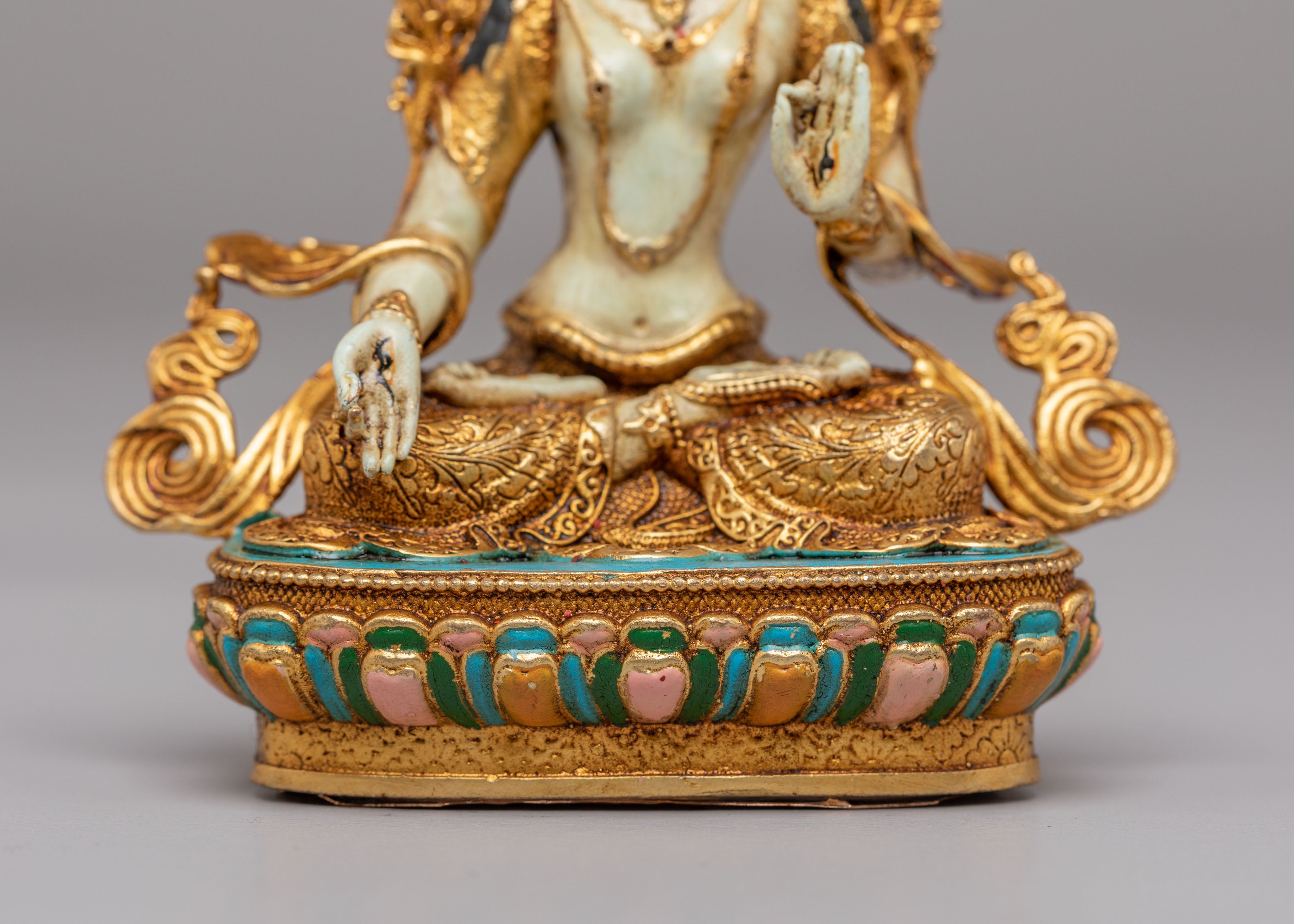 Sacred White Tara Goddess Statue | 24K Gold Plated Buddhist Healing Decor